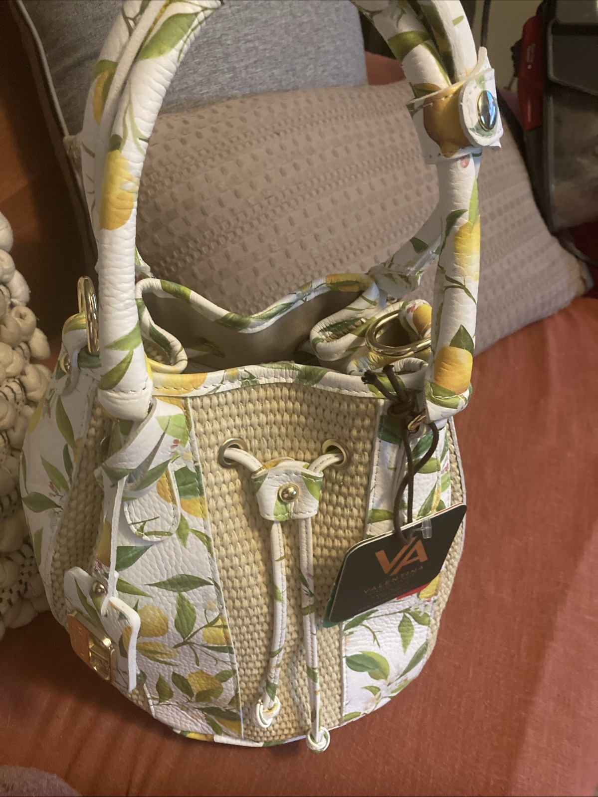 Valentina Genuine Leather Weave Bucket Lemon Print Handbag Made in Italy NWT B59