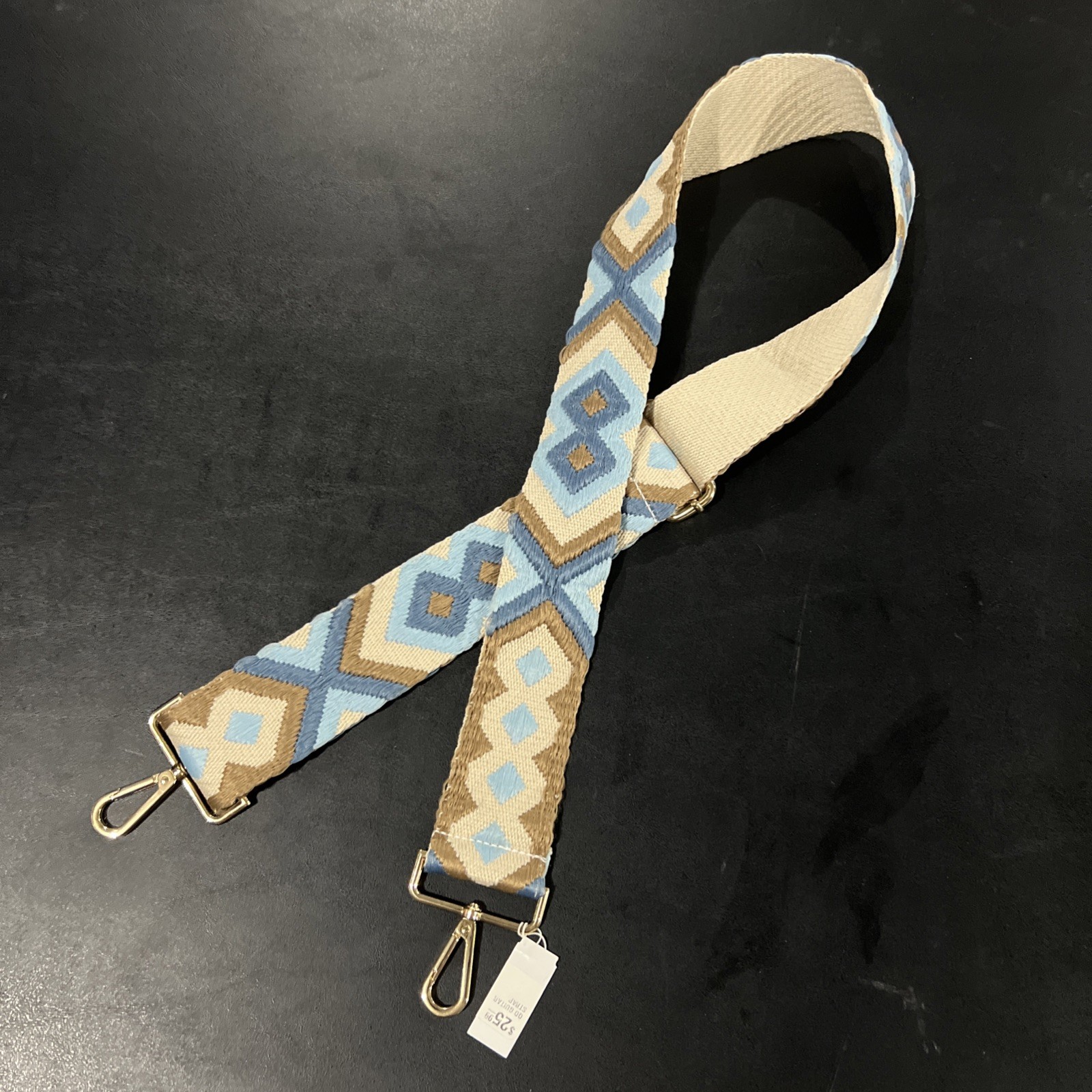Embroidered Aztec Bag / Guitar Strap 2″ Adjustable Gold Hardware Blue and Brown