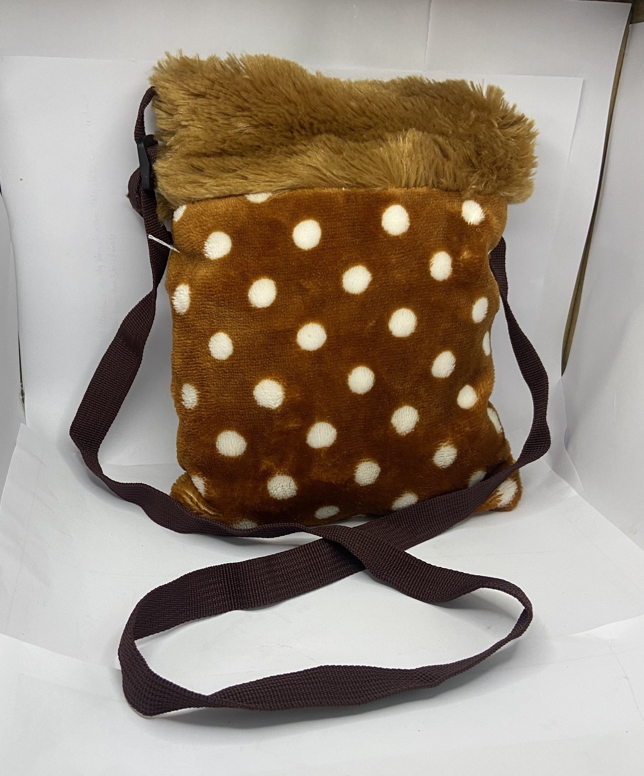 Deiters Plush Polka Dot Crossbody Bag Brown Furry Shoulder Purse 100% Polyester