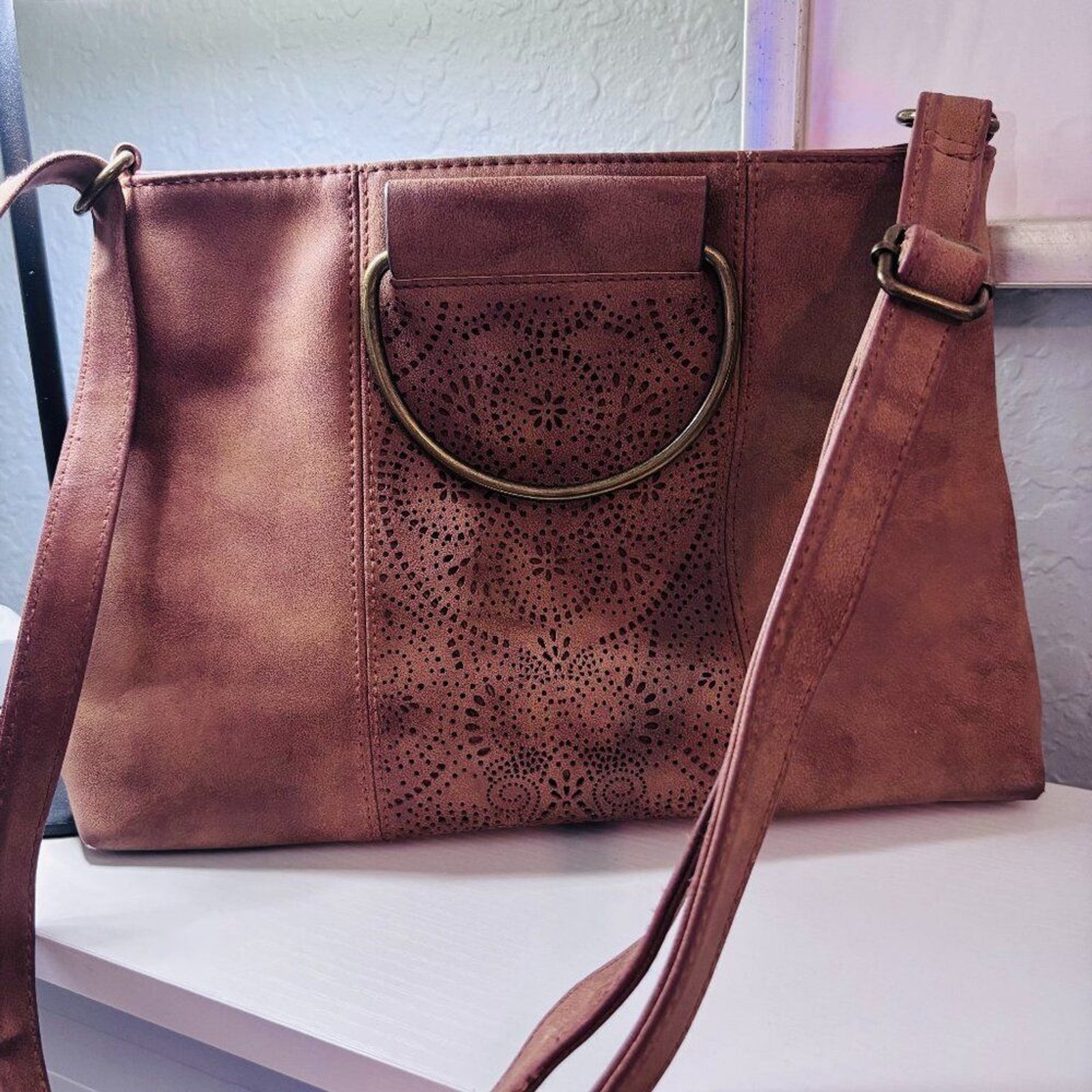 Boho Laser Cut Crossbody Bag Cognac Brown Ring Handle Festival Bag