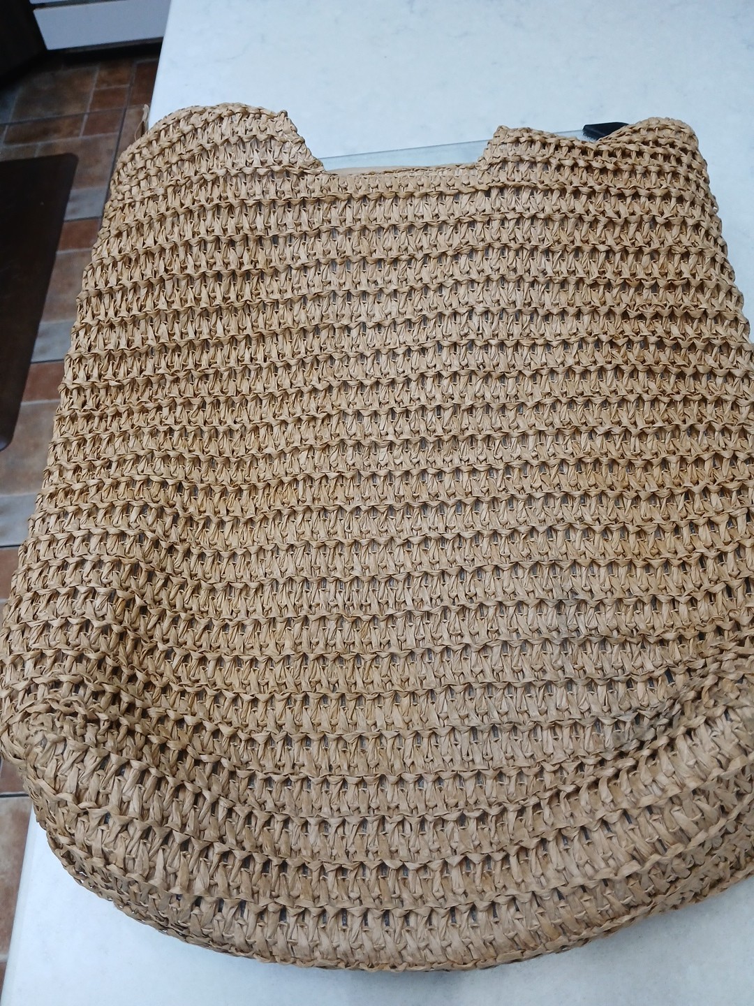 Ratan, Straw Woven Large Zippered Tote Bag, Natural Brown Lined Inside Pocket