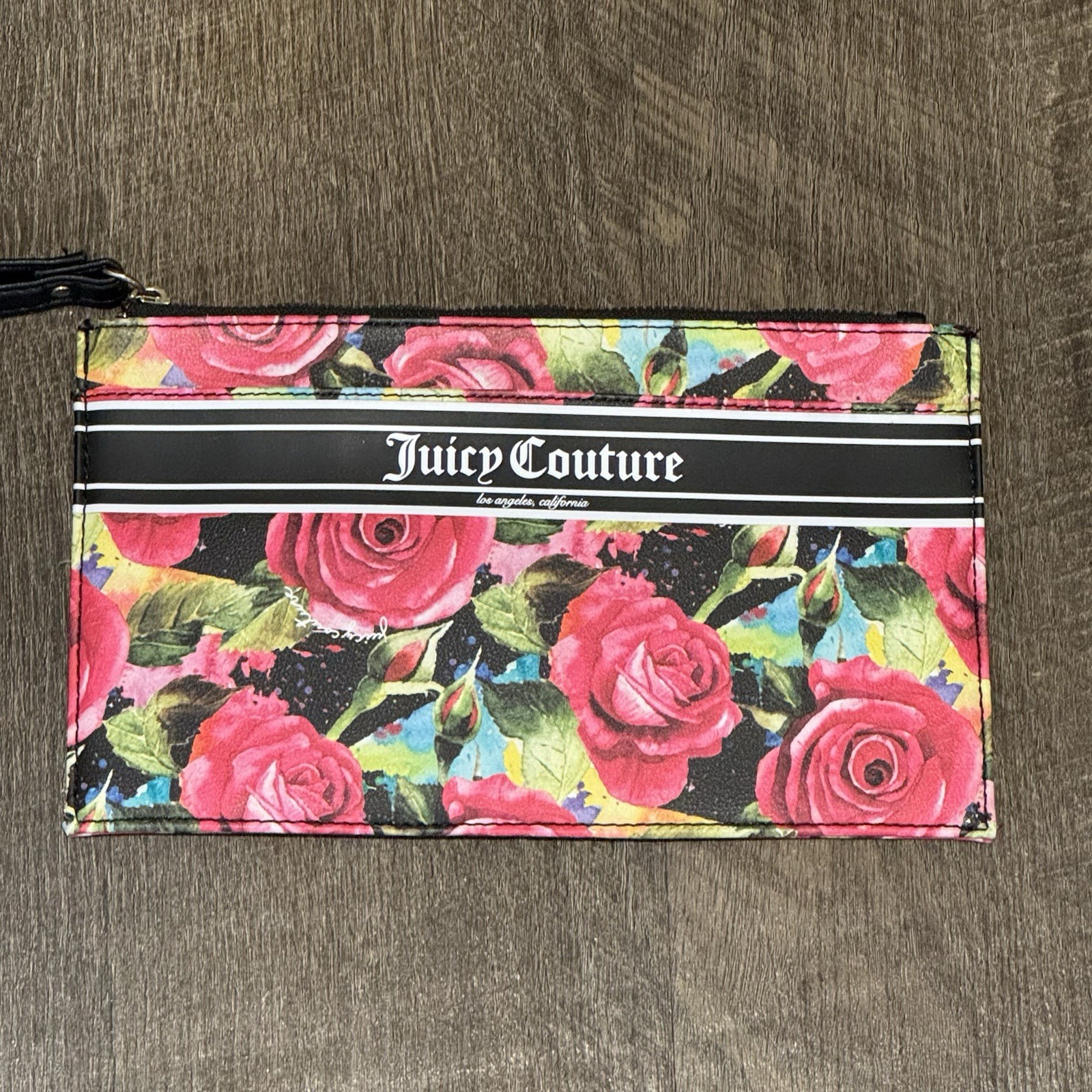 Juicy Couture Roses Gothic Logo Stripe Wristlet Wallet Purse Floral Flowers