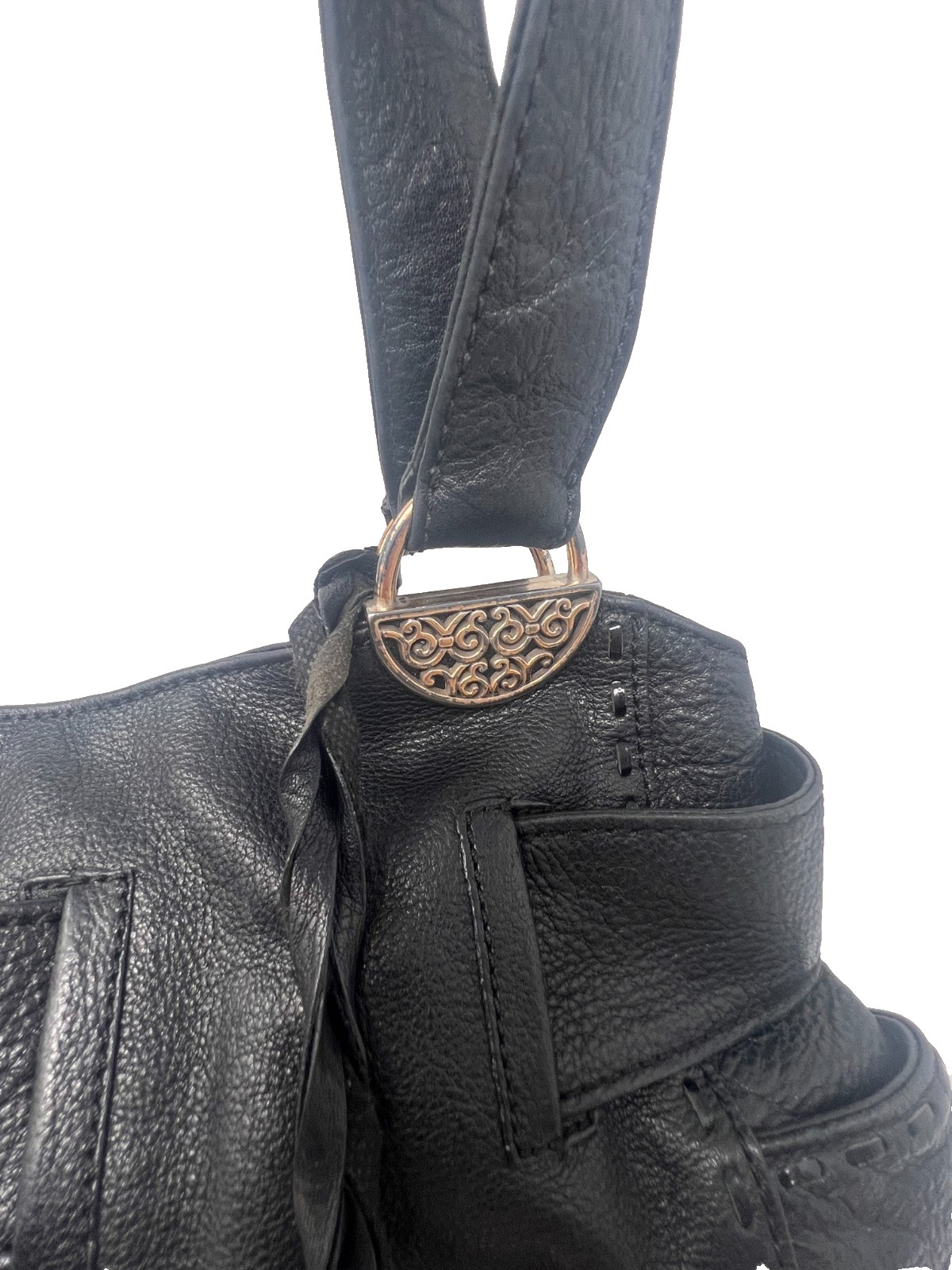 Brighton Black Pebble Leather Bow Shoulder Bag Purse Scroll Brass Heart Charm