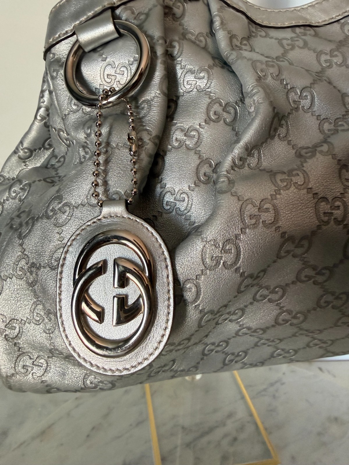 Gucci Guccissima Sukey Tote Metallic Silver Leather Shoulder Bag 211944