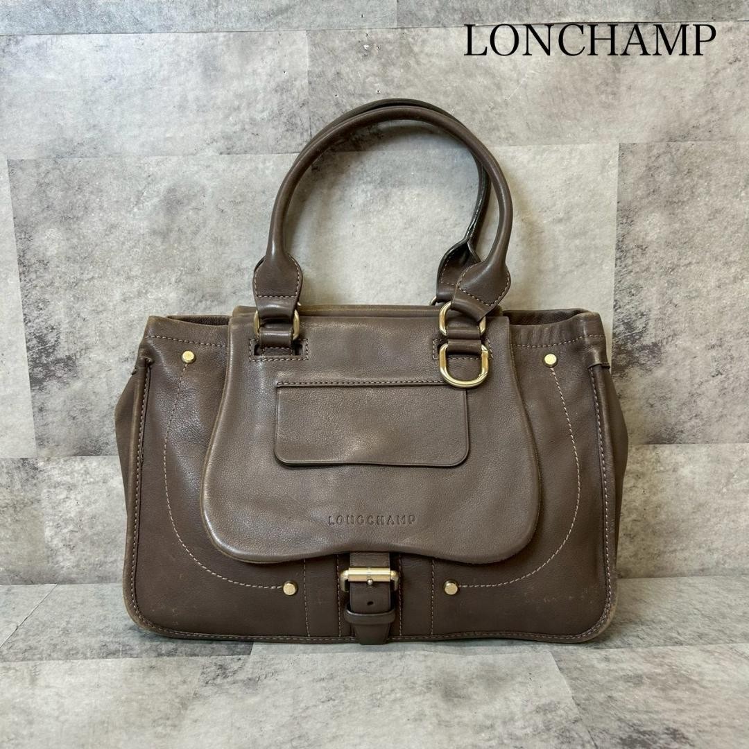 LONGCHAMP Leather Handbag Gray Authentic Women about 9.06 x 12.20 x 3.54″