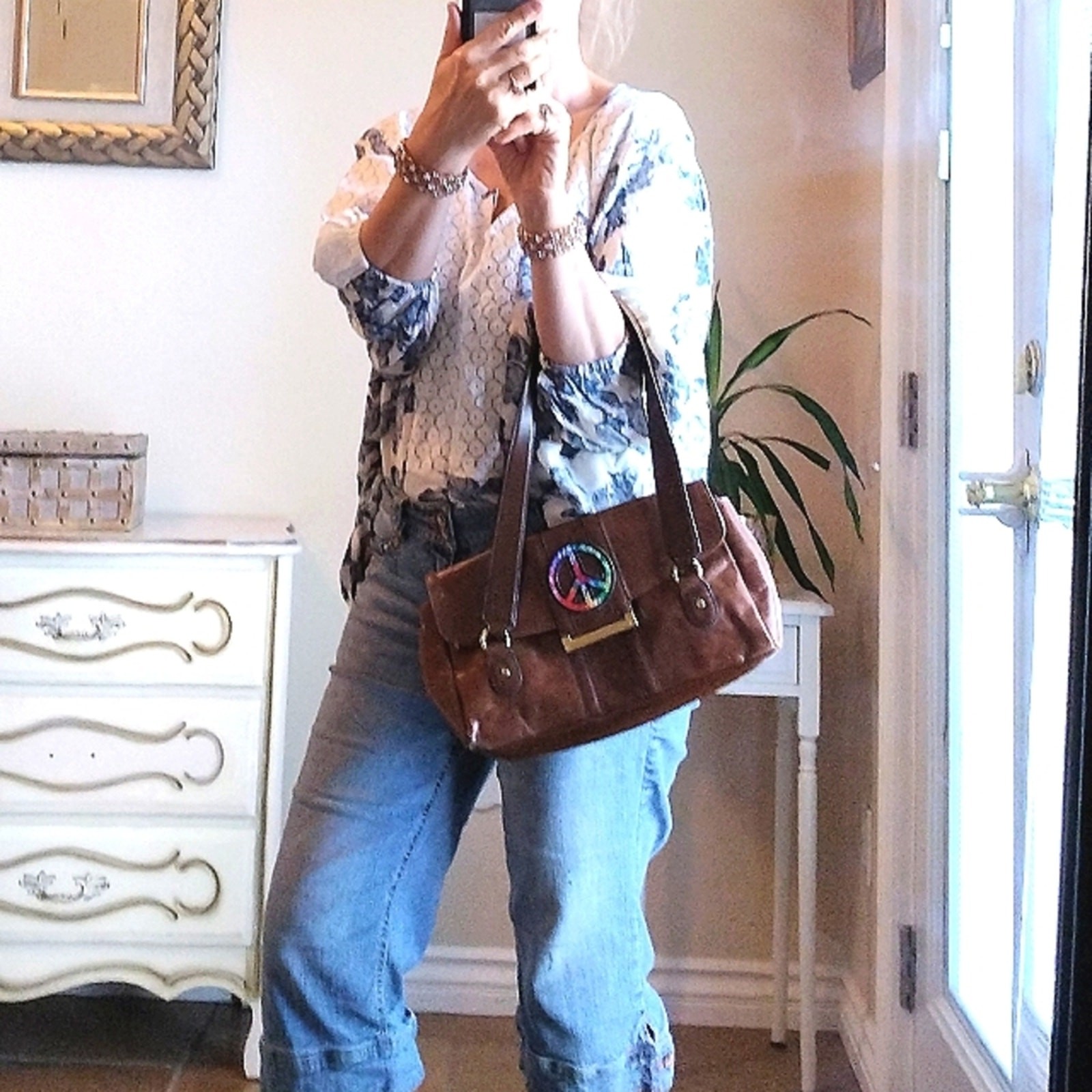 Retro Y2K Patent Leather Purse Shoulder Bag Brown Rectangular Handbag PEACE SIGN