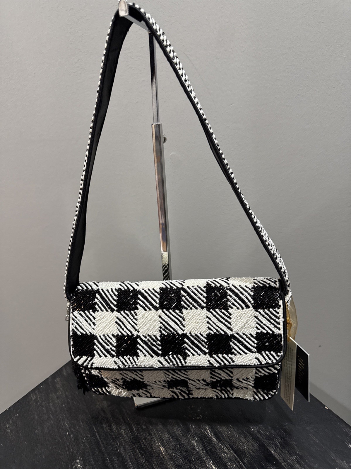 Viral From India Houndstooth Checked Black White Beaded Purse Swan Bag Charm NWT