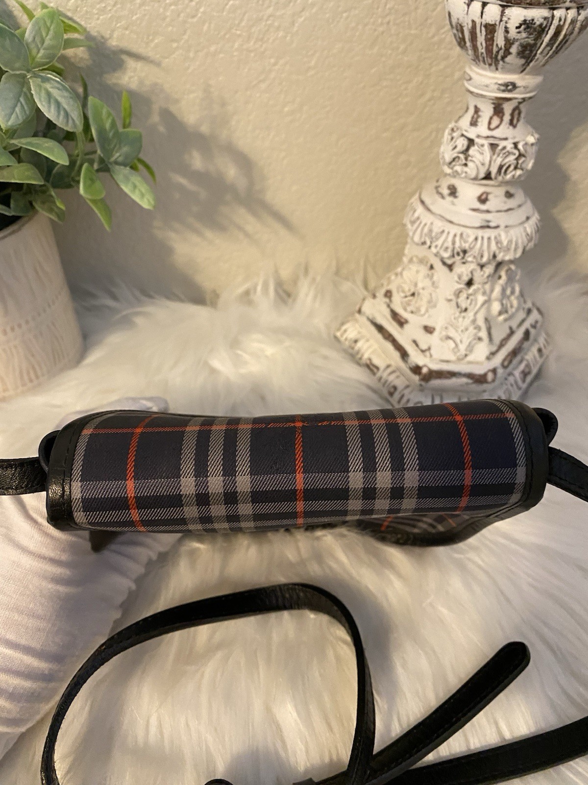 Burberrys Plaid Crossbody Bag Navy Gray Red Plaid Gold Hardware Snap Vintage