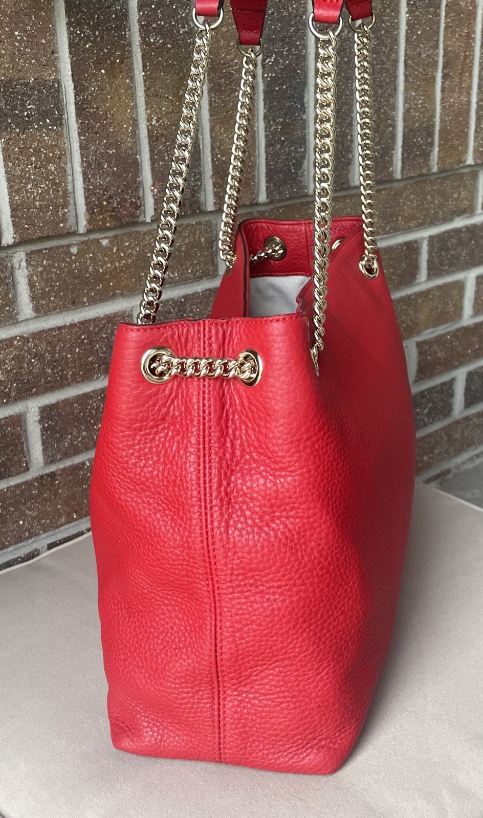 Red Pebbled Calfskin Leather Chain Strap Tote / Shoulder Bag