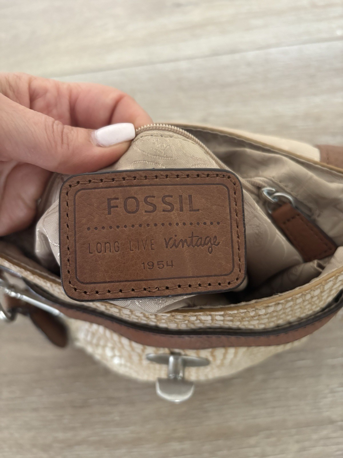 Fossil Beige Animal Print Shoulder Bag with Turn Lock, Key Charm & Brown Strap