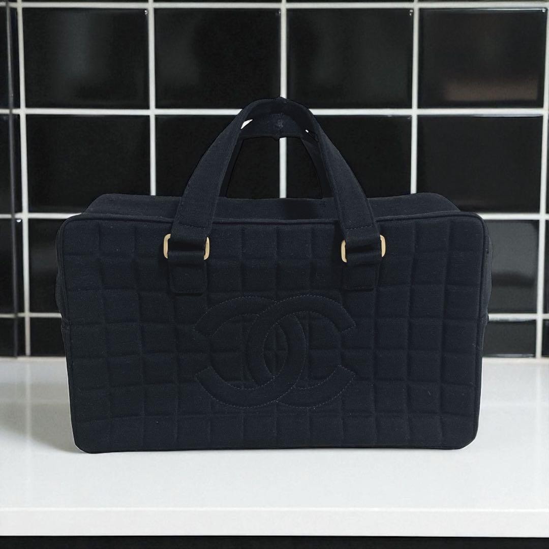 CHANEL Chocolate Bar Boston Bag Cotton Canvas Handbag 19cm x 32.5cm x 15cm