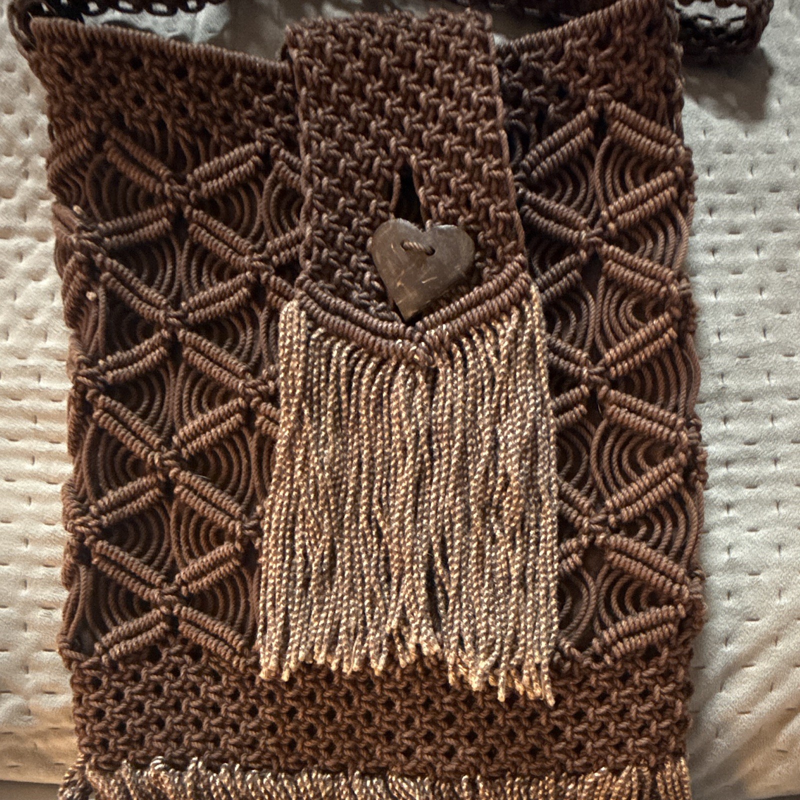 VTG 70s Macrame Fringe Crossbody Bag Brown Handmade Panama Hippie Festival Boho