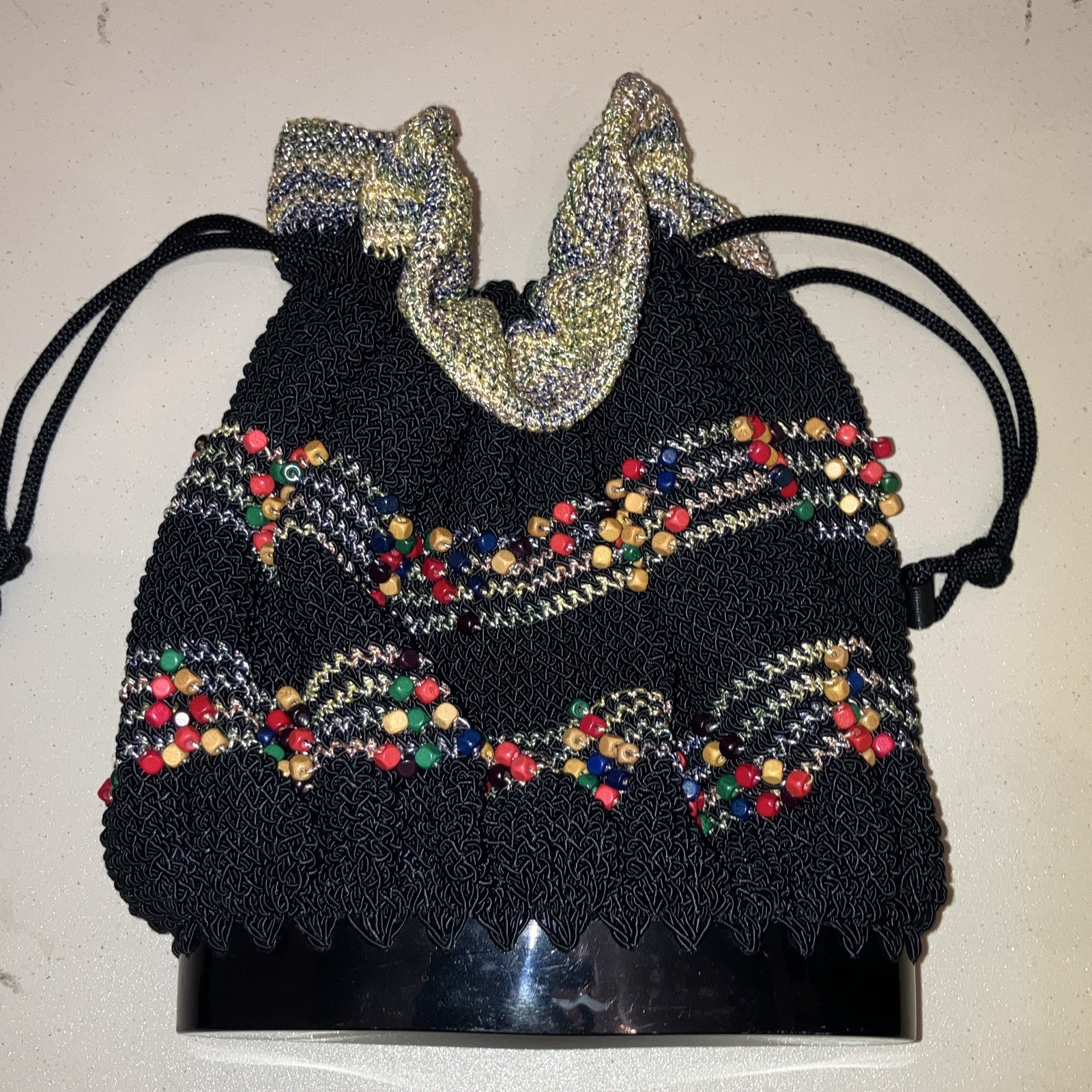 Beaded Drawstring Purse Black With Multicolored beads hard plastic bottom (K6)
