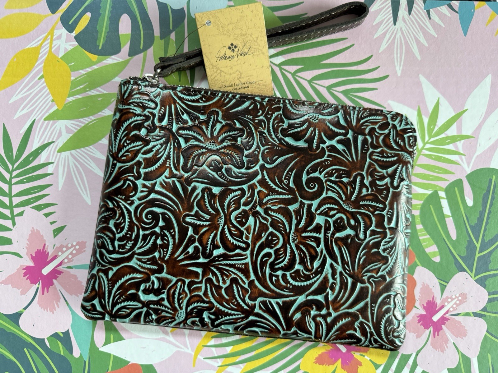 Patricia Nash Turquoise LRG Leather Clutch Wristlet Tooled- Dust Bag P349133 NEW