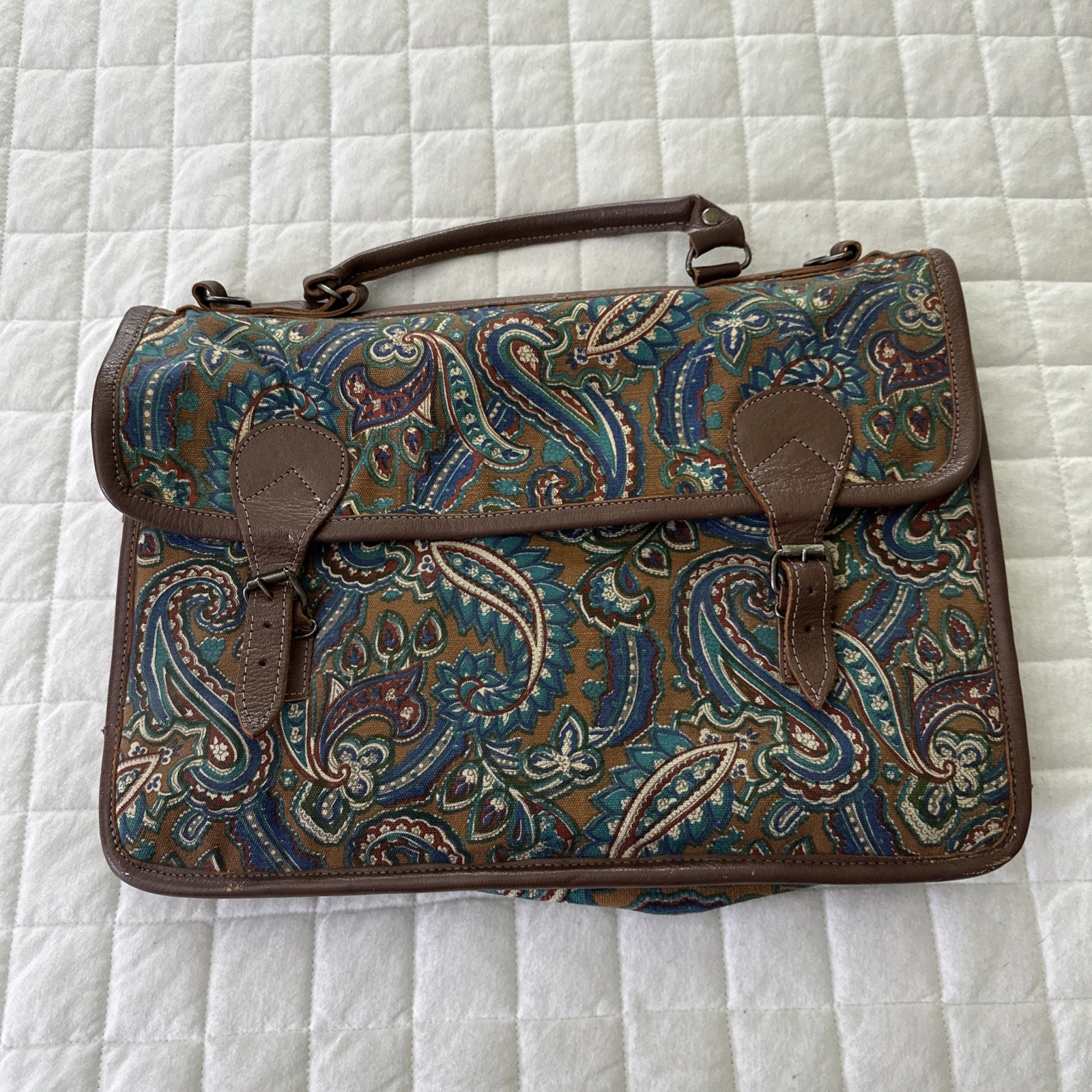 Vintage Passports Pier 1 Satchel Bag Brown Blue Paisley Laptop Retro Briefcase