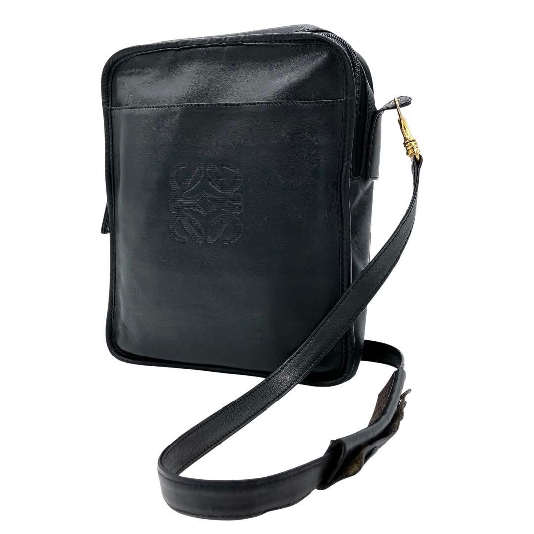 LOEWE Anagram Embossed Black Leather Shoulder Bag Gold Hardware Zip 27.5cm