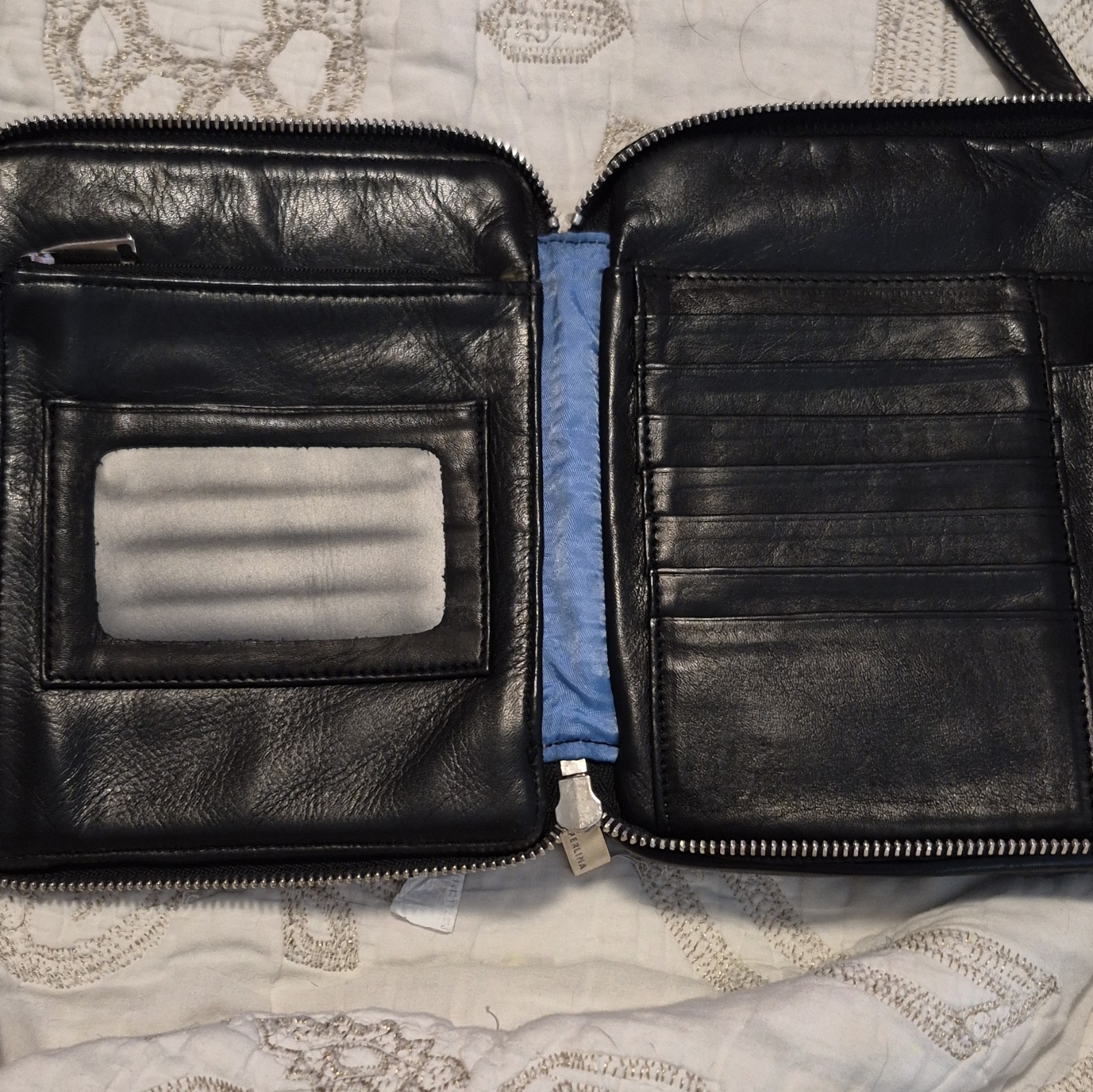 VINTAGE Perlina Black Leather All In One Wallet Organizer Crossbody Purse!