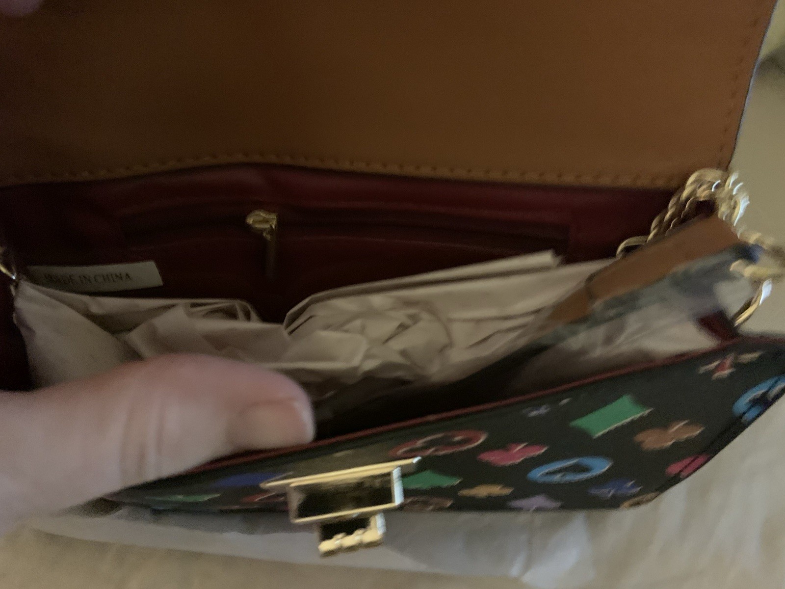 New Black /Multicolor Geometric Turn Lock Crossbody Bag Gold Chain Strap