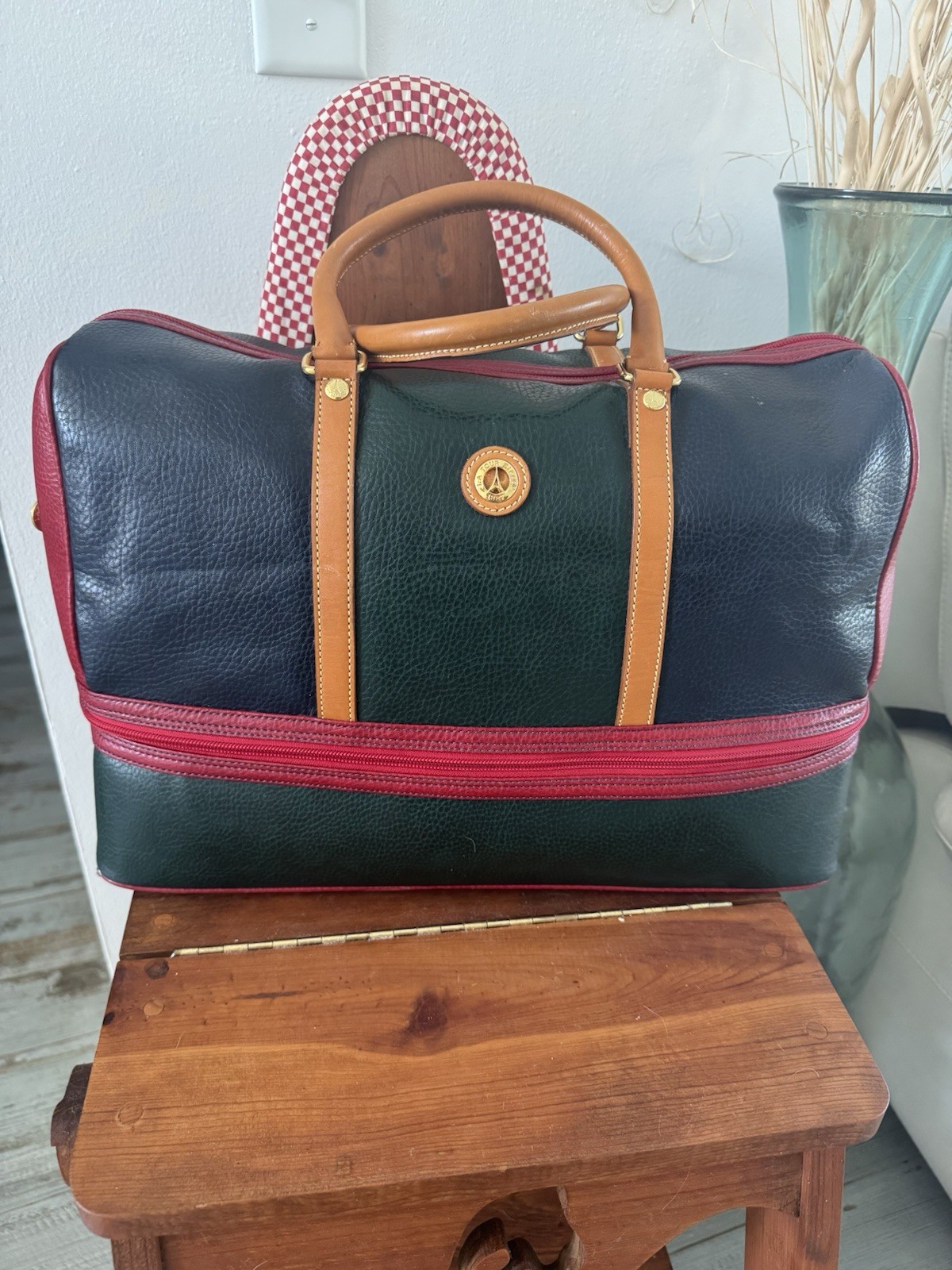 Vintage La Tour Eiffel 1887 Leather Multicolor Block Luggage Duffle Bag RARE