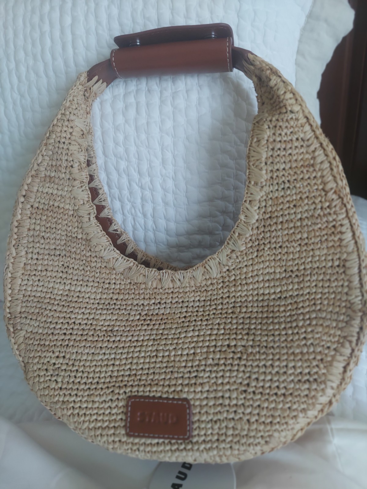 Staud moon raffia tote bag with leather trim new with tags