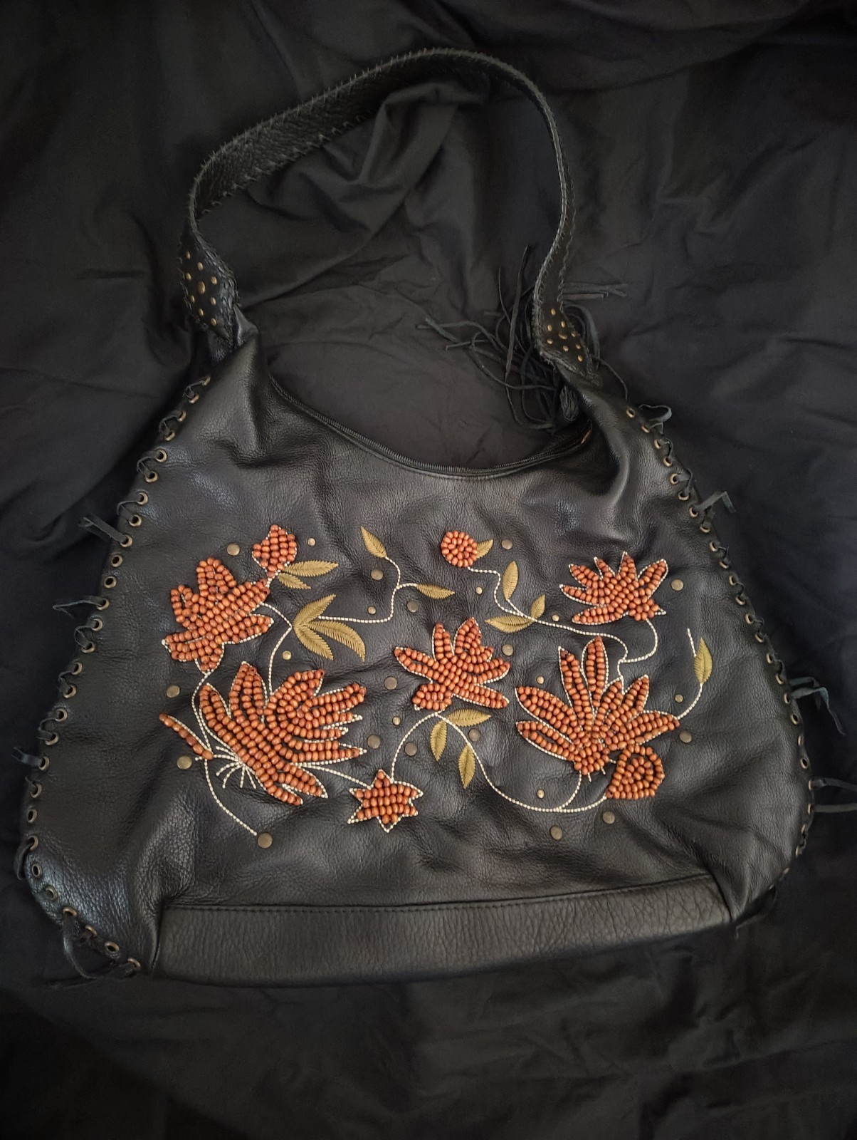Black Orange Floral Hobo Shoulder Bag Beaded Embroidered Zip Silver Dust Bag