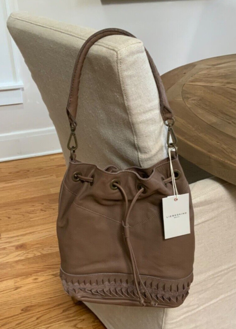 NWT LIEBESKIND Berlin TAUPE Top Drawstring LEATHER Shoulder Bag NEW DEBBY