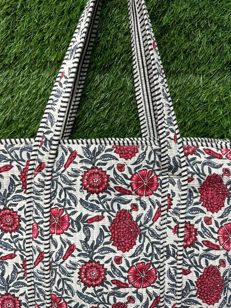 Indian Red Floral Print Tote Bags Handmade Woman’s Large Beach Shopper Handbags