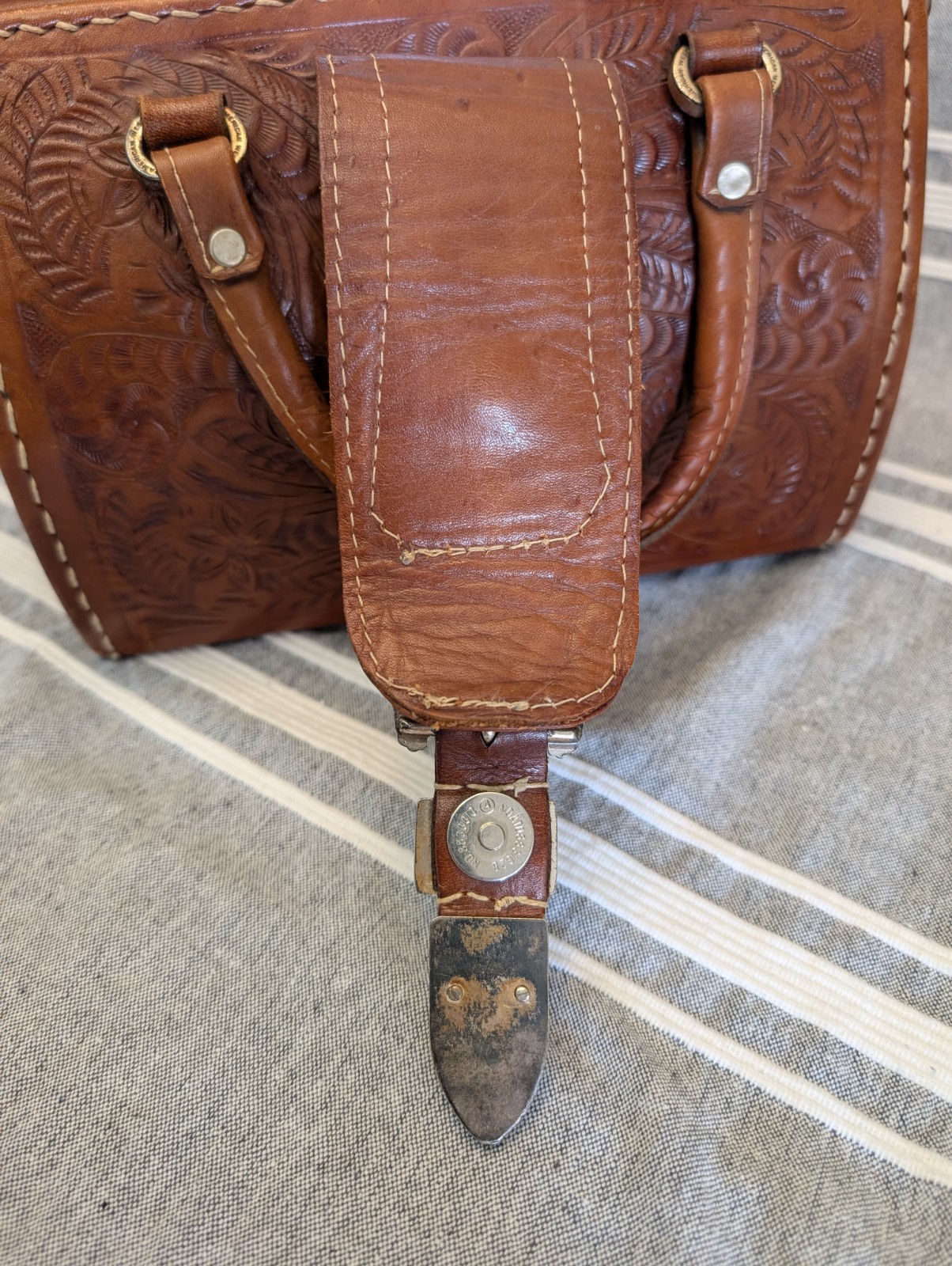 American West Brown Tooled Leather Satchel Doctor Style Silver Studs