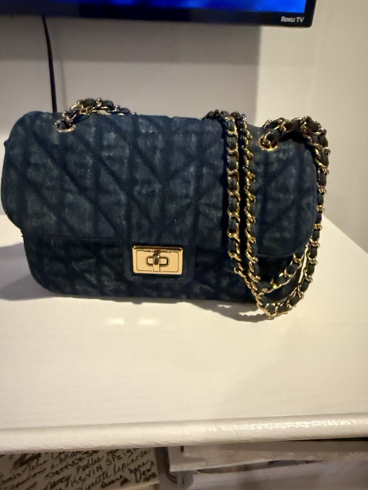 KARL LAGERFELD PARIS Blue AGYNESS Quilted DENIM Flap TURN LOCK Shoulder BAG NWT
