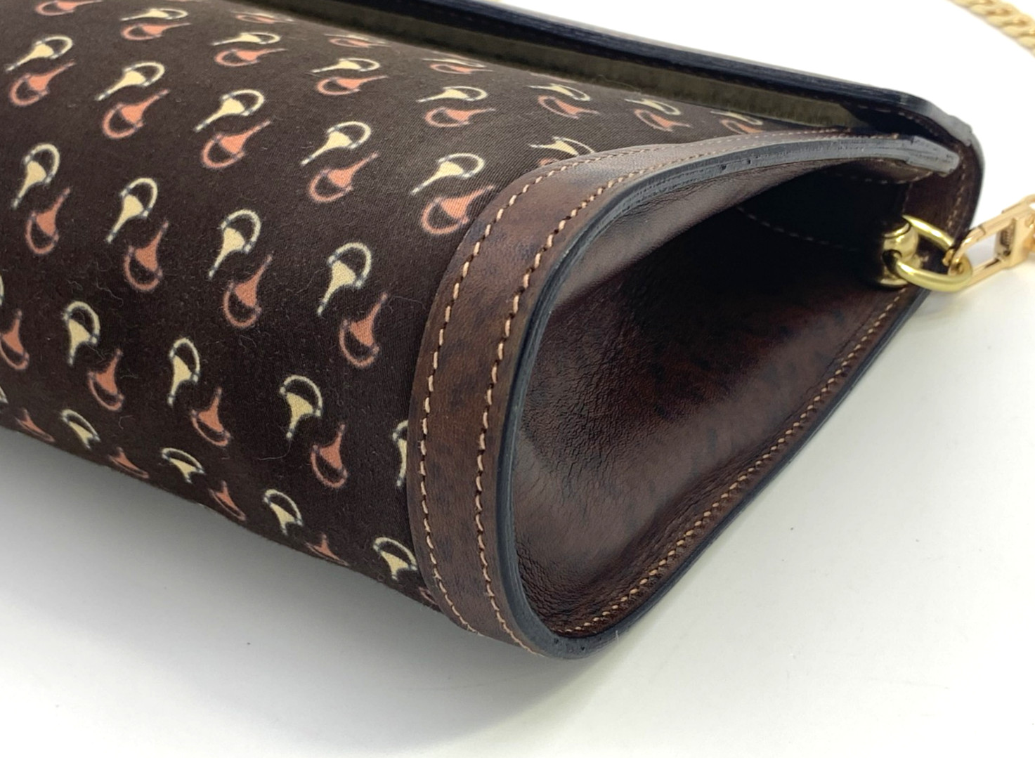GUCCI VINTAGE Horsebit Chain Strap Shoulder Bag Flap Canvas Brown Authentic
