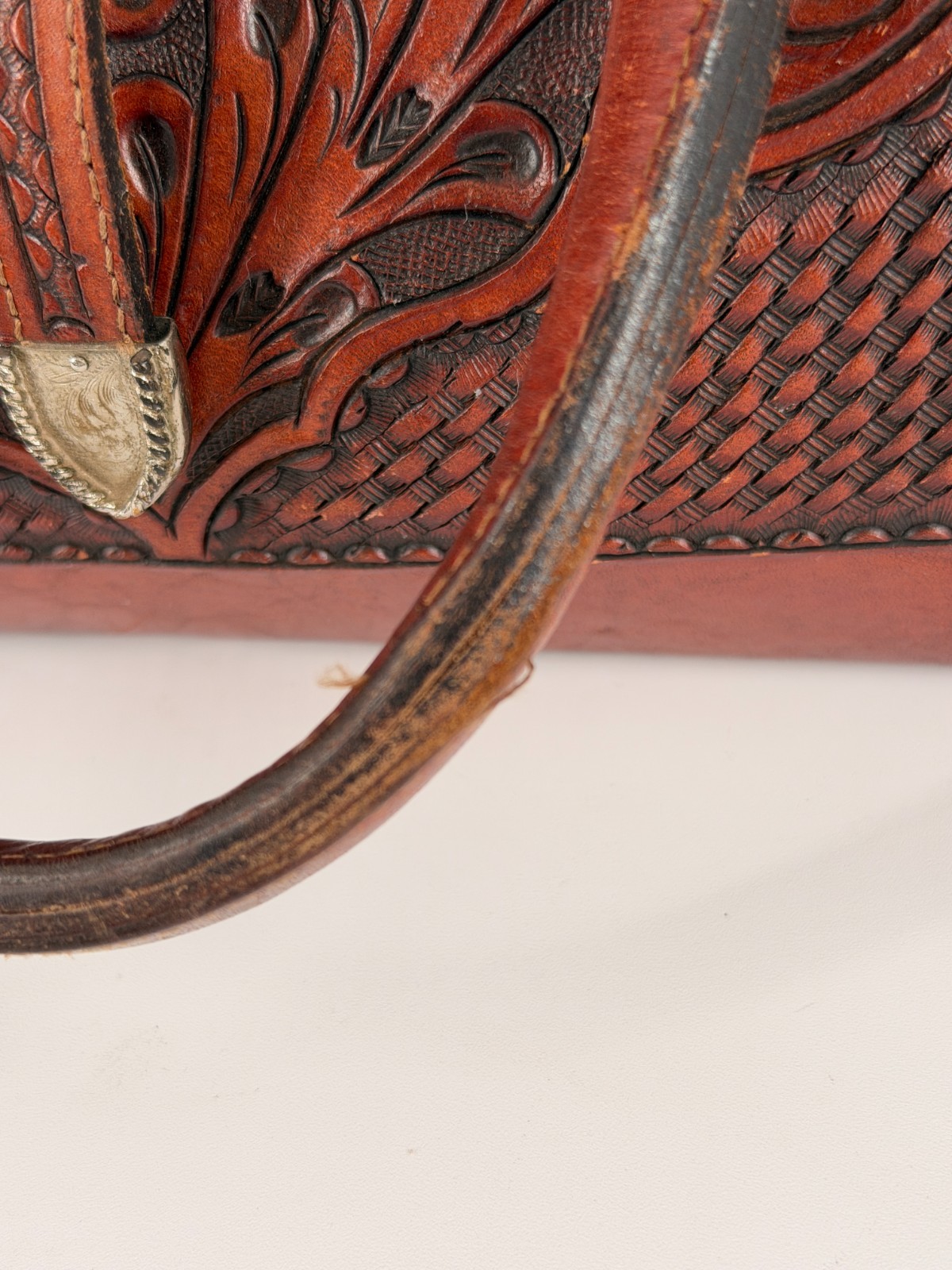 Vintage Tooled Leather Western Handbag Purse Brown Floral Buckle Satchel Boho