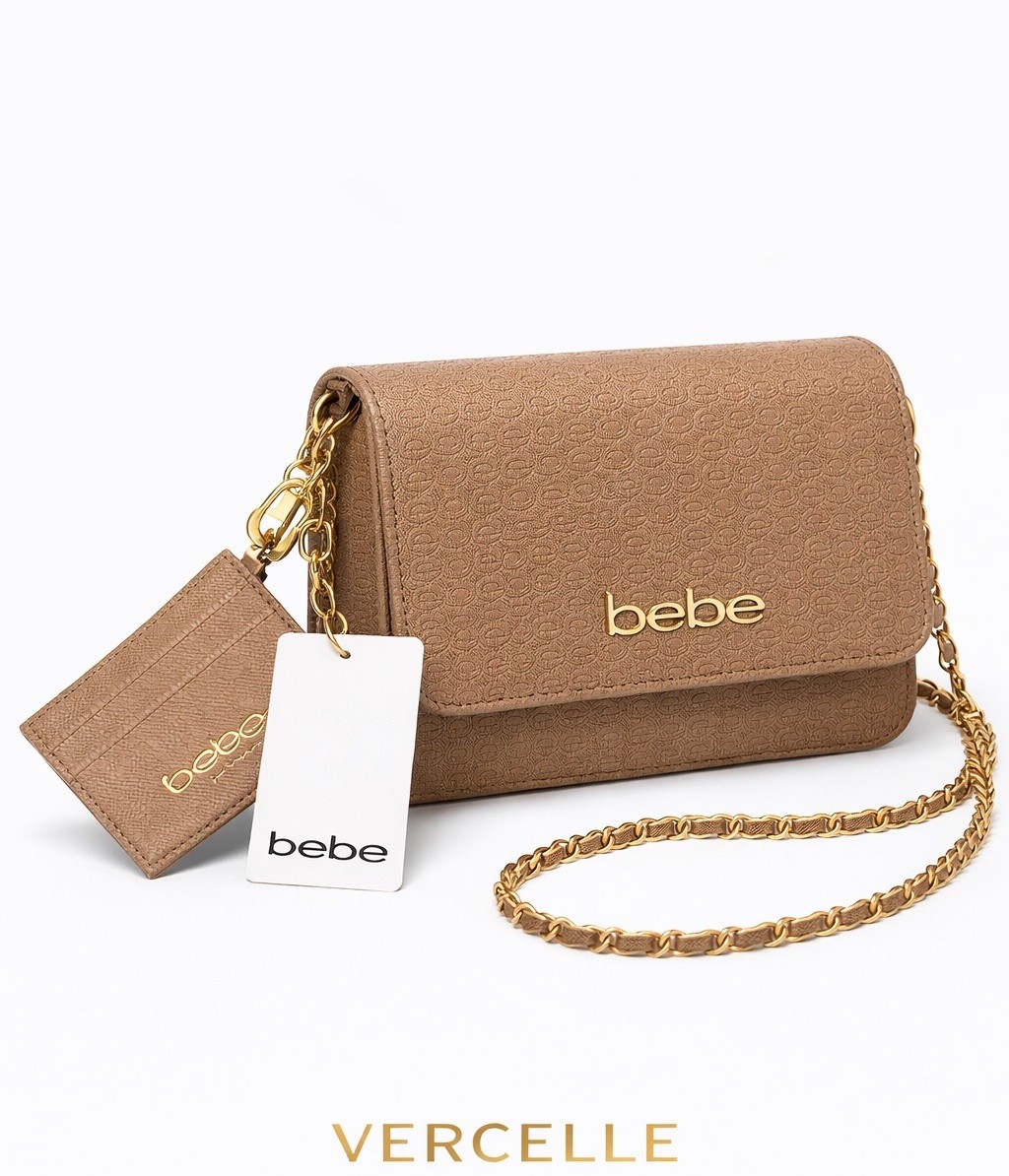 bebe Beige Logo Embossed Small Crossbody Bag Chain Strap Gold Hardware Pouch