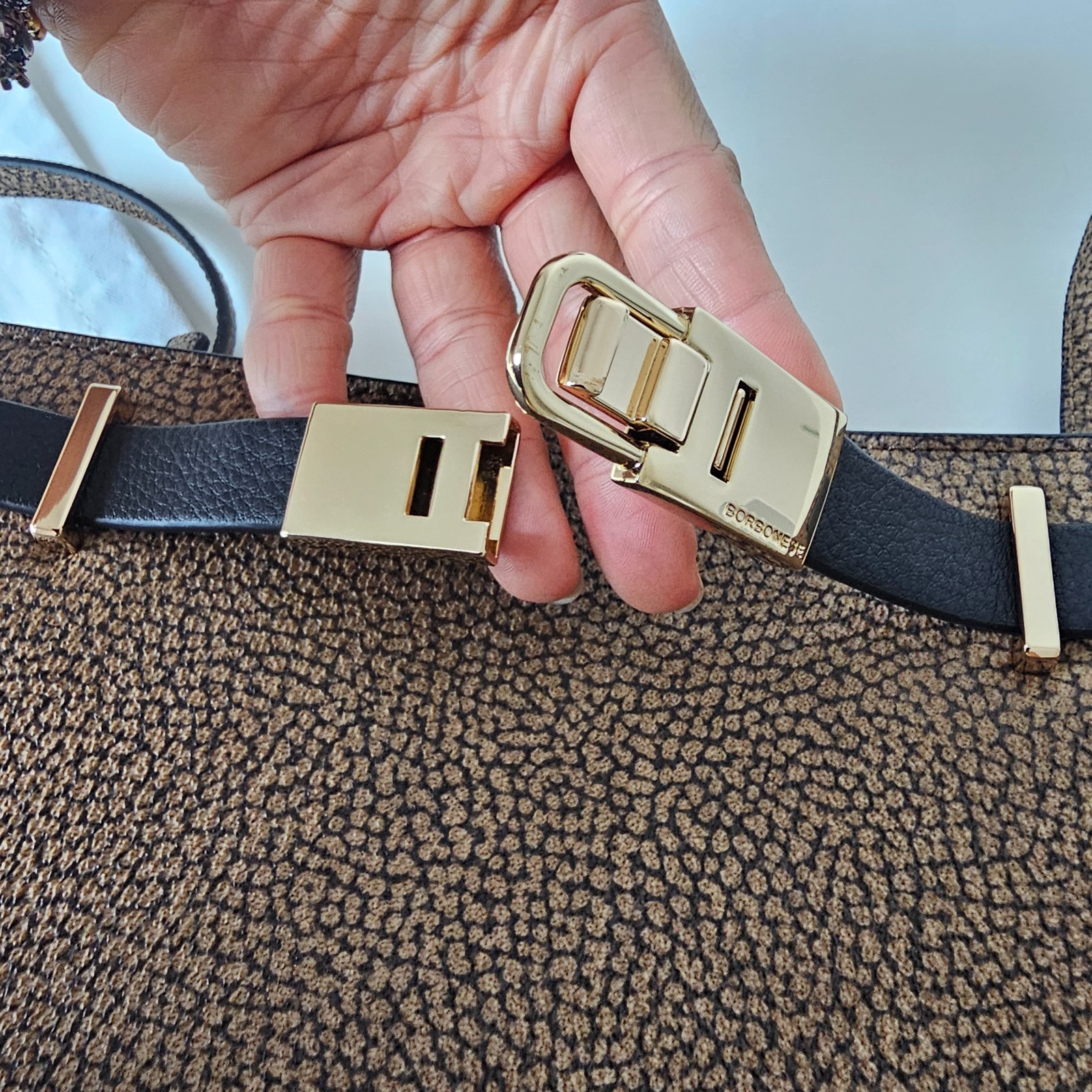 Borbonese Crossbody Bag OP Naturale Nero Brown Black Gold Buckle Luxury Italy