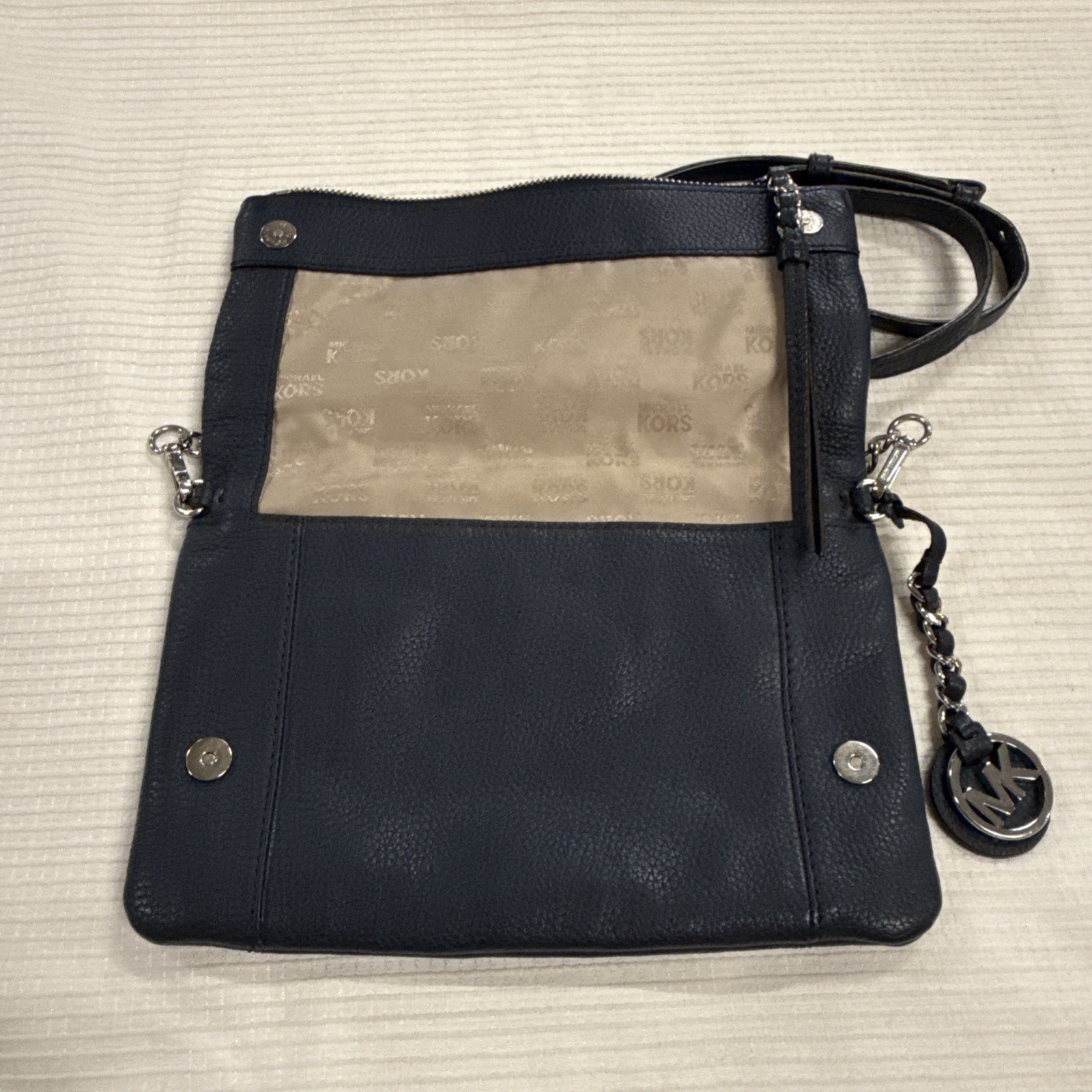 Michael Kors Corinne Navy Leather Medium Messenger Crossbody Bag Fold Flap Style