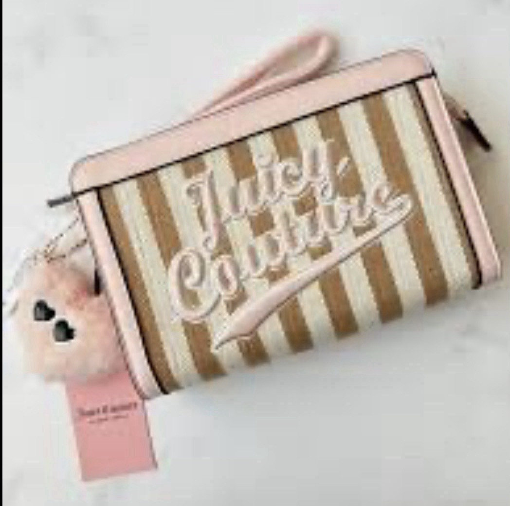 Juicy Couture Logo Striped Zip Wristlet Purse Pink Beige White, Charm