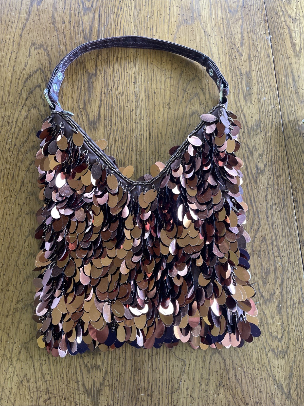 Bronze Sequin Beaded Hobo Bag Shoulder Purse Metallic Evening Y2K Party Chic