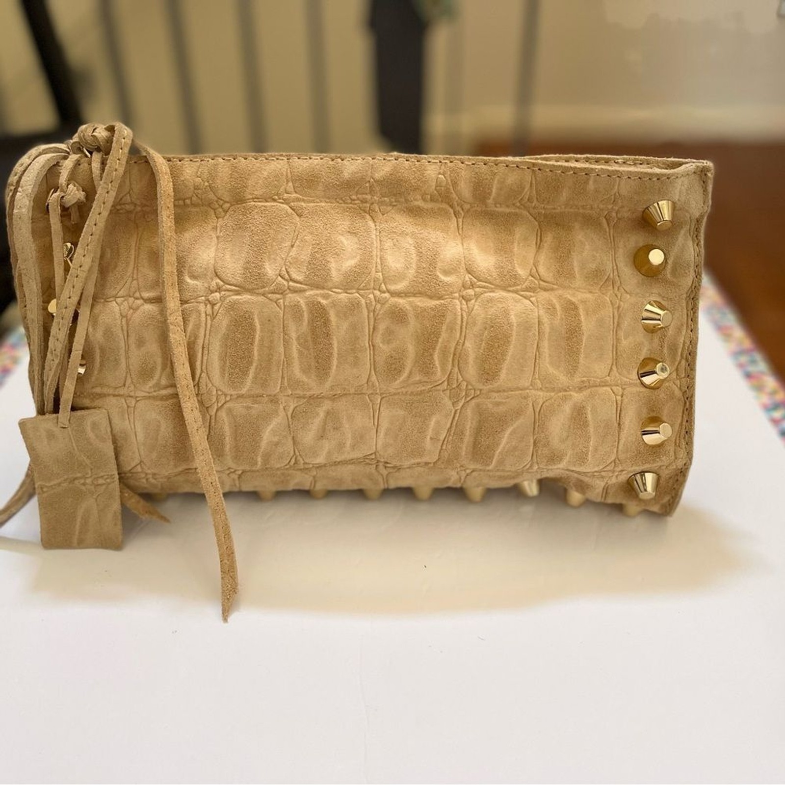 Linea Pelle Designer Clutch Tan Suede Leather Animal Print Gold Studs Li…