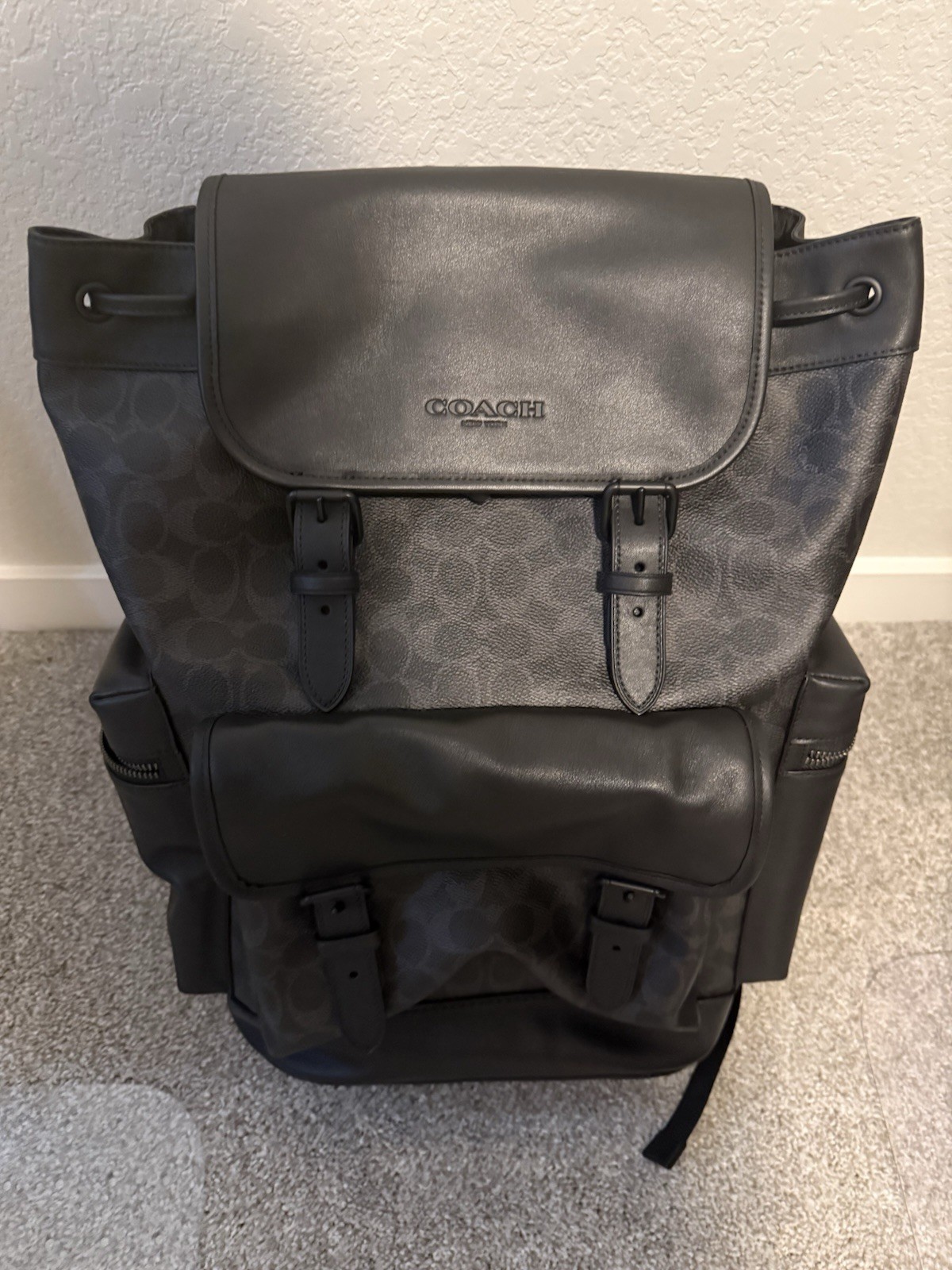 Coach Signature Logo Large Backpack Black/Gray Buckle Drawstring Pockets
