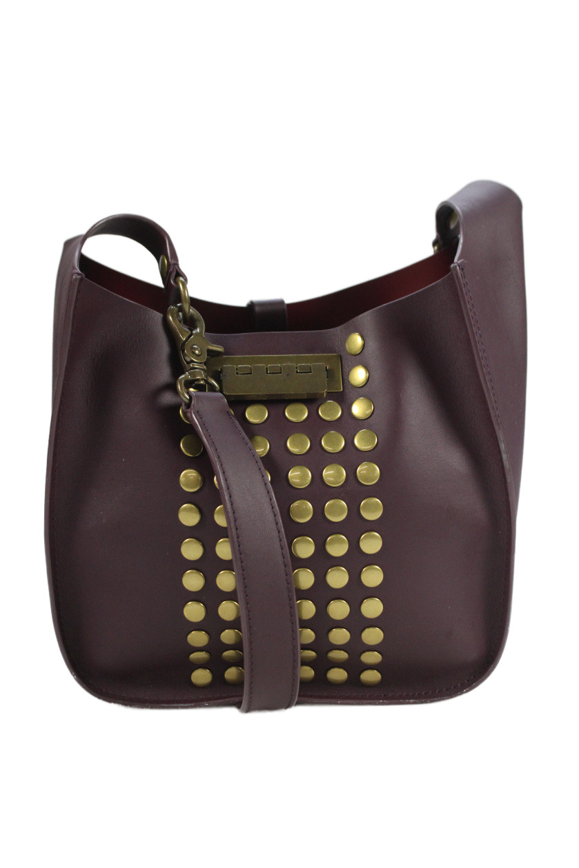 Zac Posen Womens Leather Studded Dotted Crossbody Handbag Burgundy