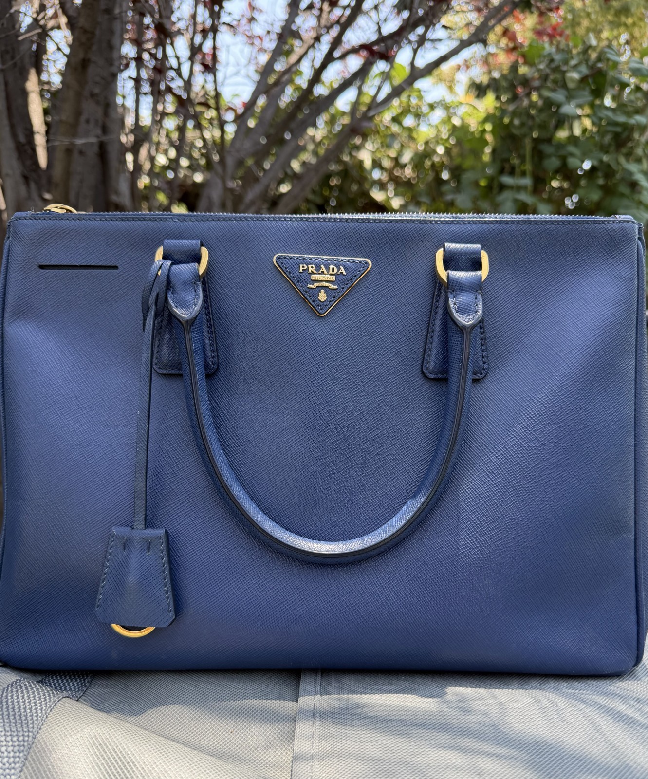 PRADA Galleria Saffiano Lux Double Zip Tote — Navy Blue with Gold Hardware