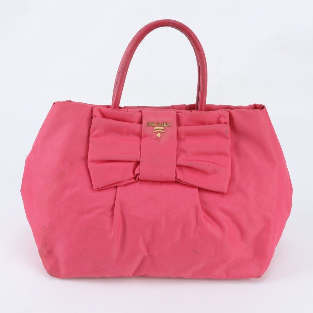 Authentic Prada Nylon Tote Bag 28cm x 25cm x 15cm Beige Leather Shoulder Damaged
