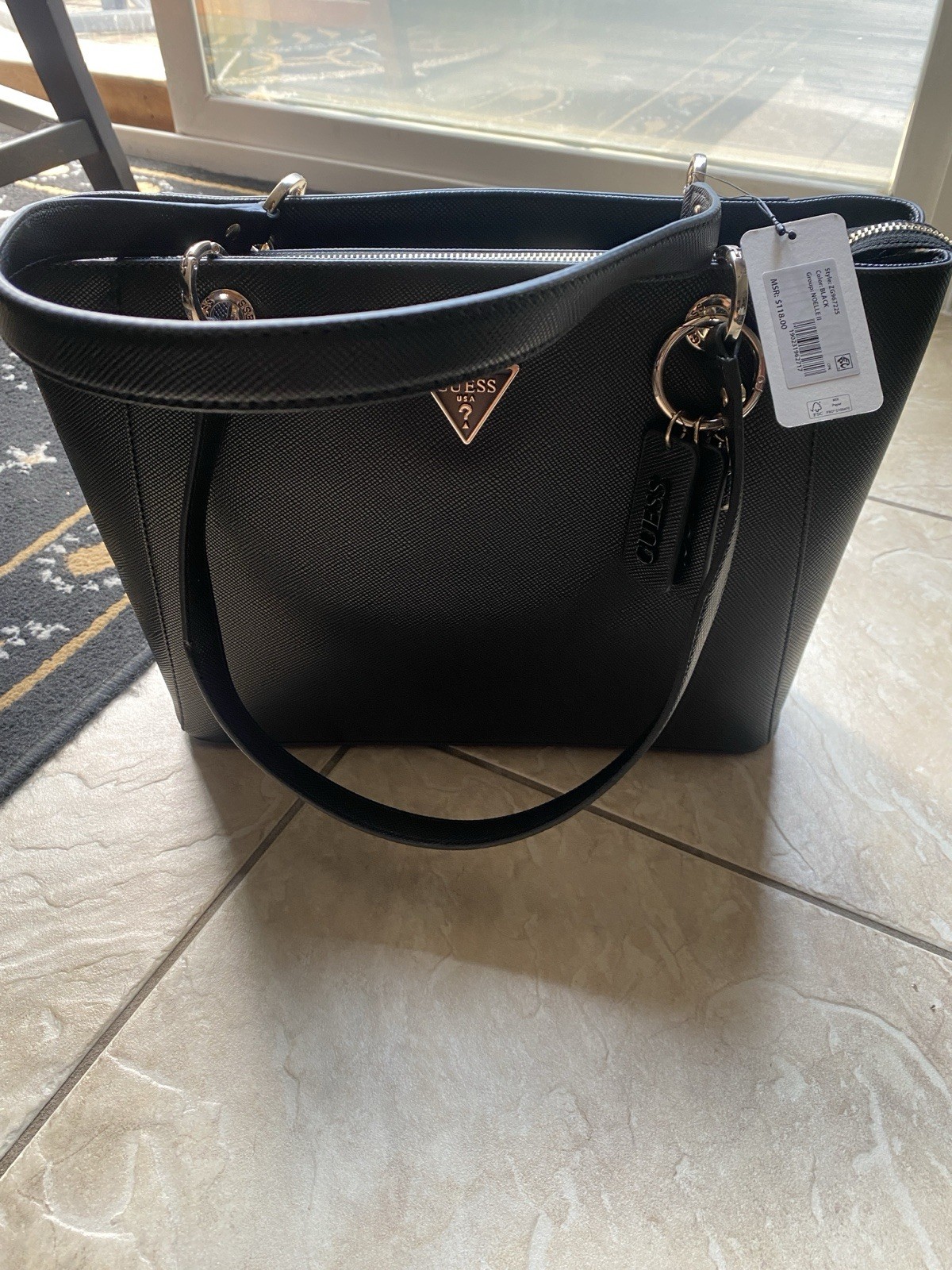 GUESS Black Medium Tote Bag Zip Top Silver Hardware Logo Lined Top Handle
