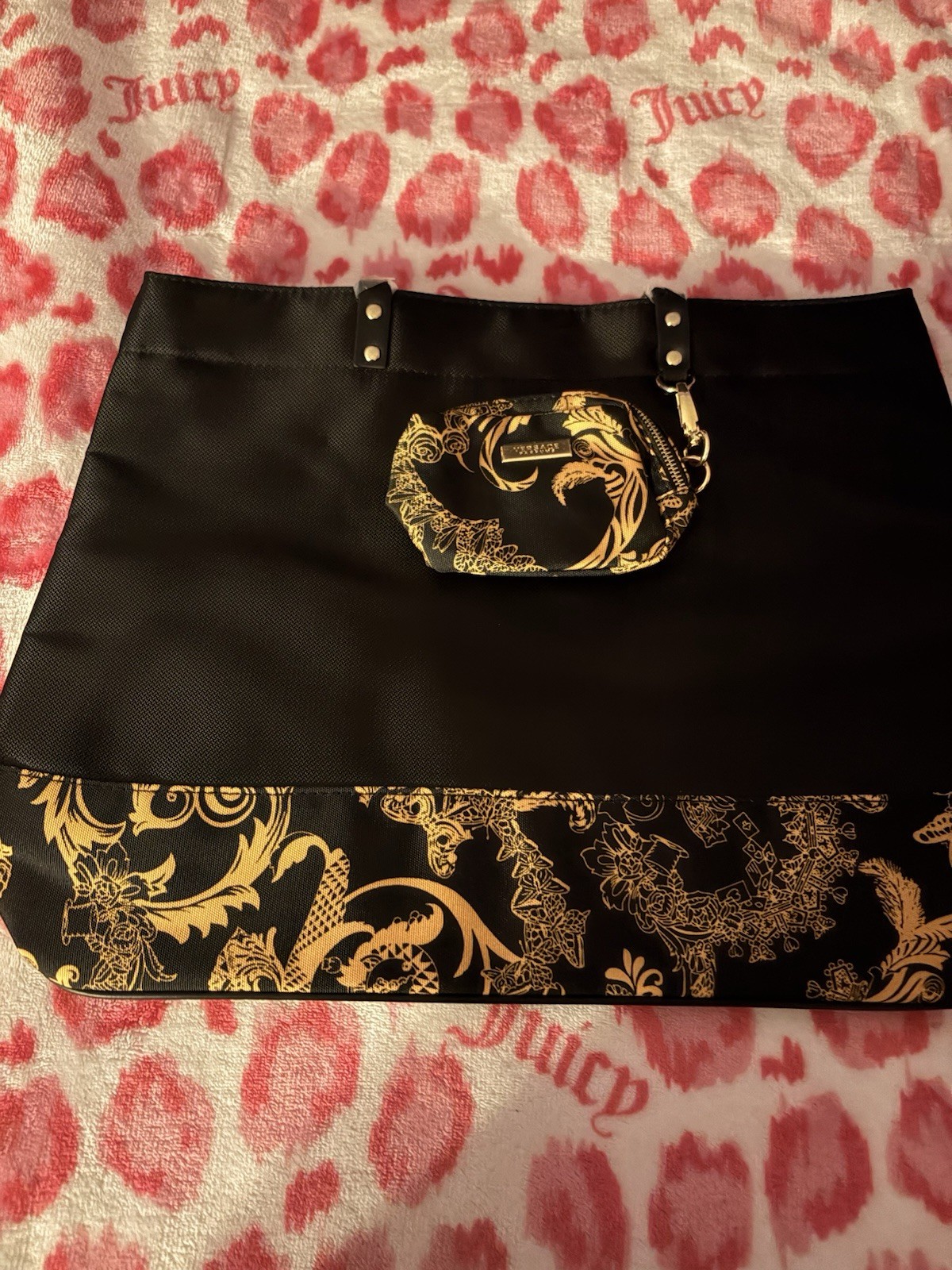 Versace Parfums Medusa Black & Gold Large Tote Bag w/ Pouch, Inner Pockets