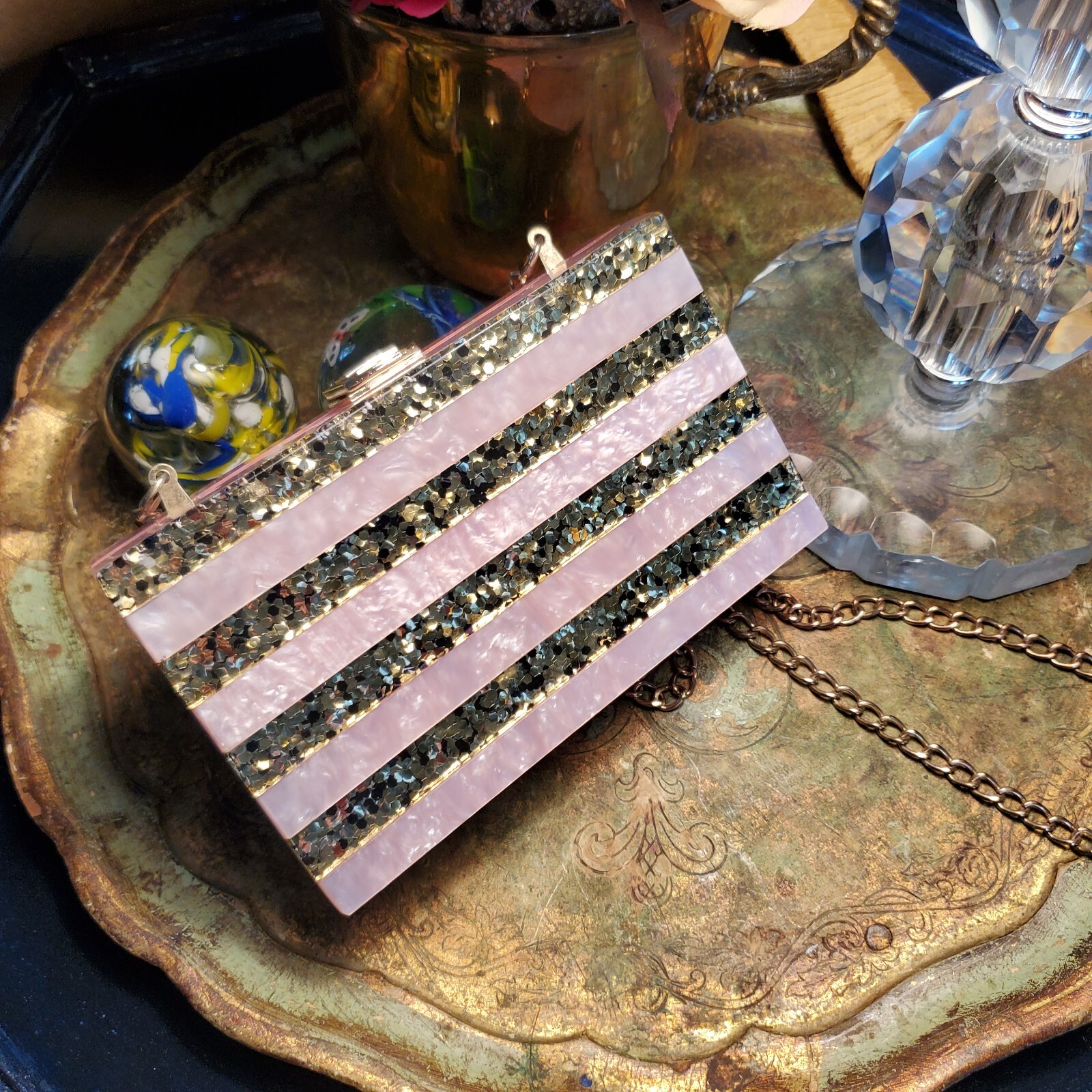 Madison West Pink Marbled & Gold Glitter Acrylic Clutch w In or Out Gold Chain