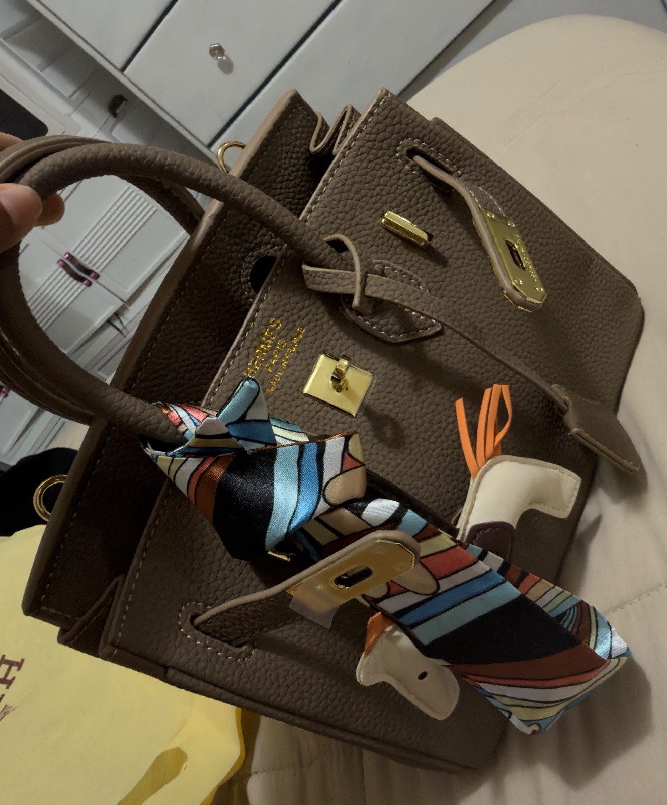 Hermes Brown Small Top Handle Satchel, Gold Turn Lock, Horse Charm, Pockets