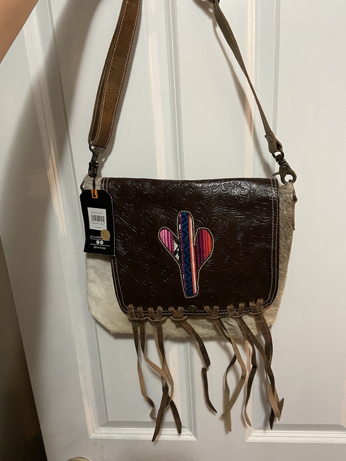 Hopofly Western Embossed Cowhide Fringe Shoulder Bag Brown Cactus Floral