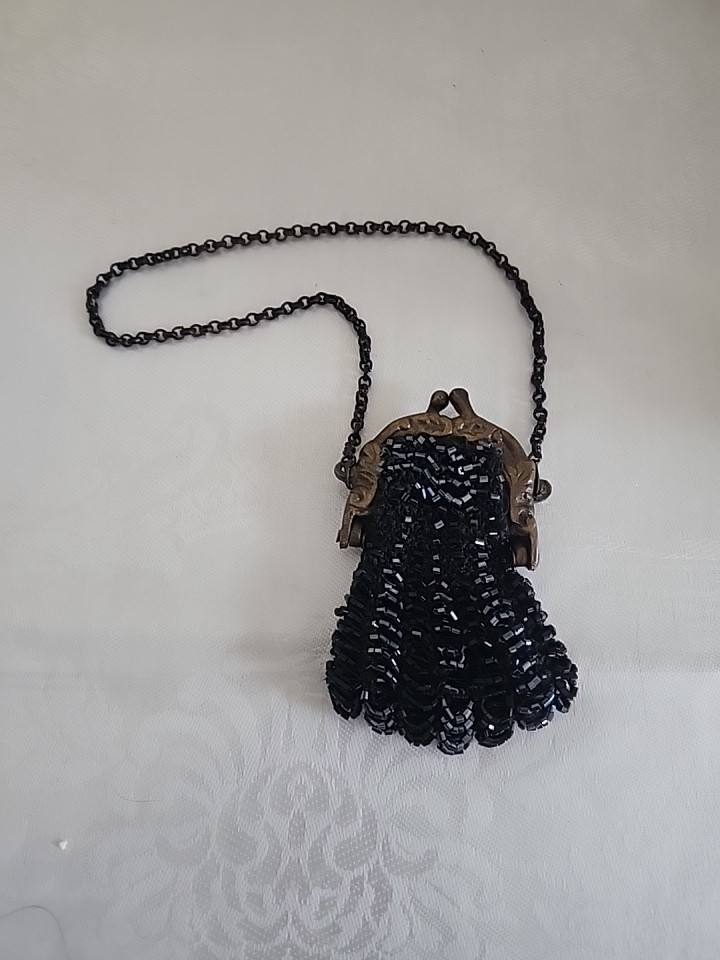 Antique Mini Evening Purse, Gold/Brine Tones Beads Kiss Lock Fringe Silk?