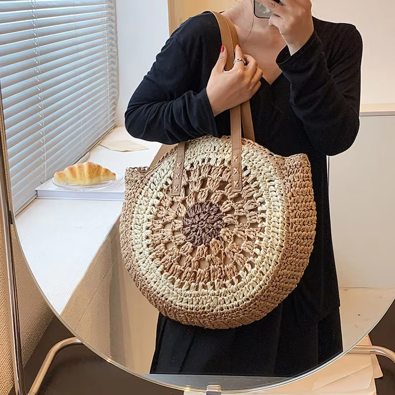 Women’s Straw Crochet Round Shoulder Bag Beach Tote Woven Handbag Casual Travel