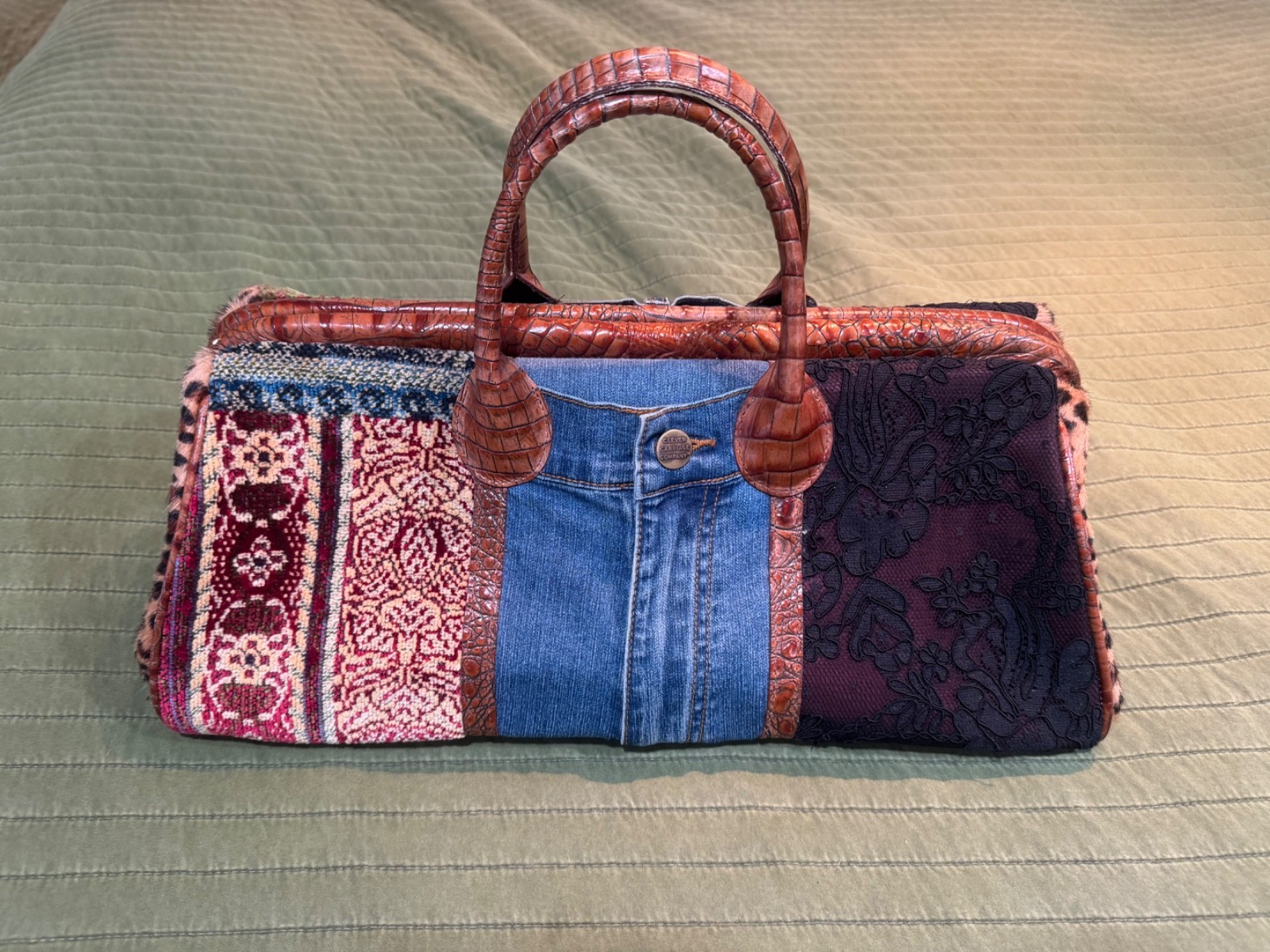 CLEVER CARRIAGE COMPANY Embossed Leather Denim Jeans Satchel