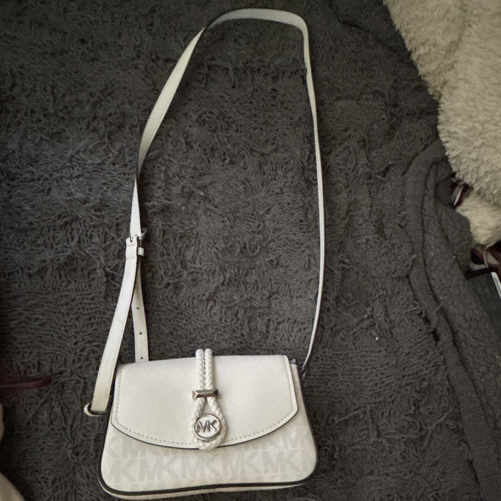 Michael Kors Small White MK Logo Coated Crossbody Bag Silver Hardware Strap